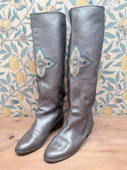 Rare Vintage 1970s Silver Leather Embroidered Boots