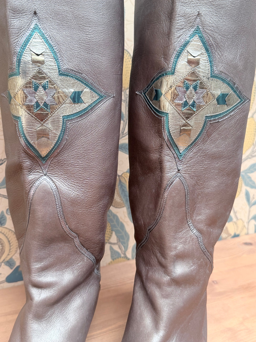 Vintage Silver Leather Knee-High Geometric Mosaic Boots