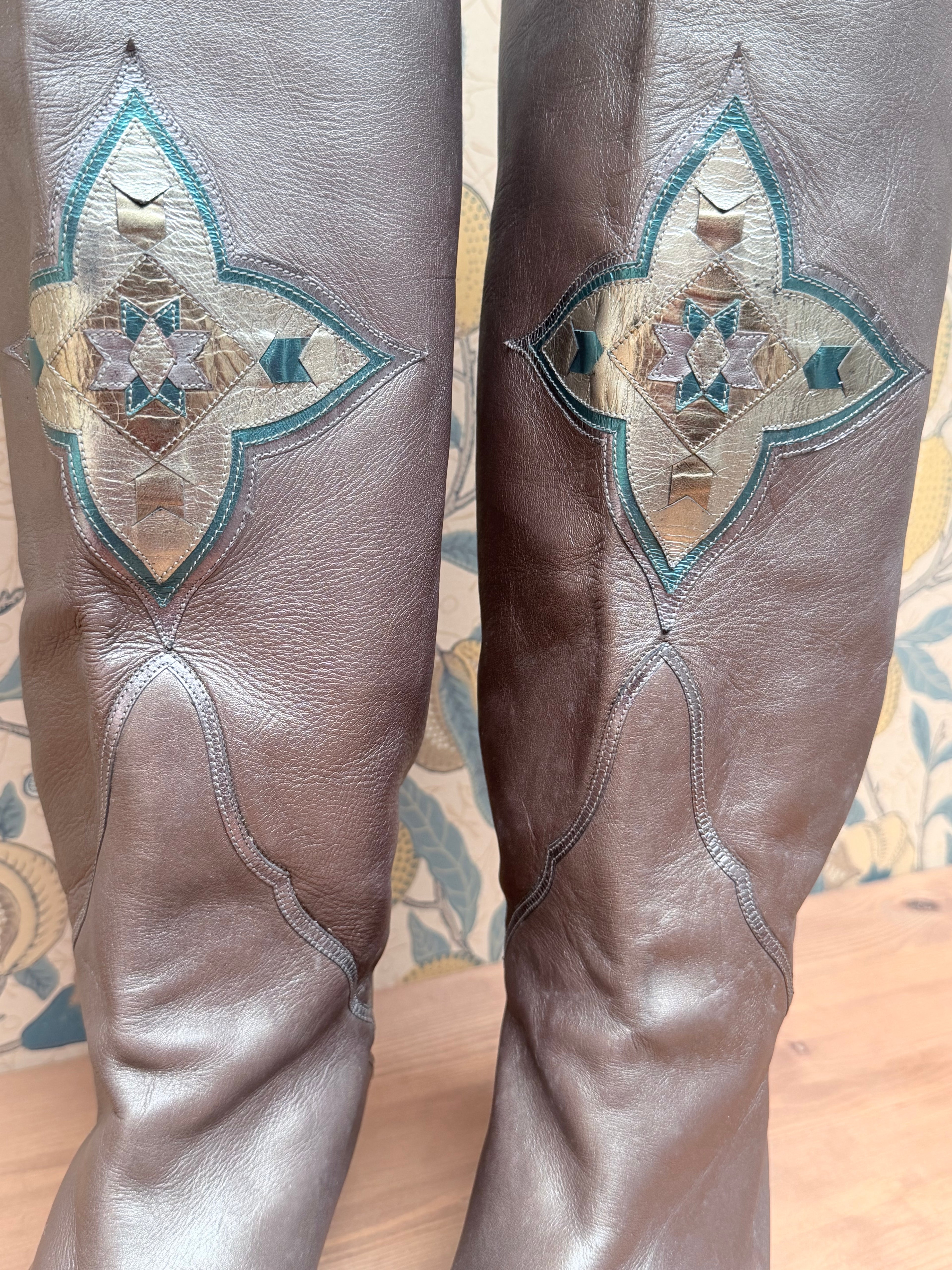 Vintage Silver Leather Knee-High Geometric Mosaic Boots