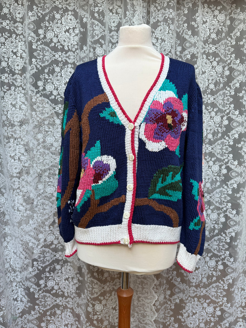 Artful Knit: Vintage Berek Hand-Knitted 1980s Floral Cardigan