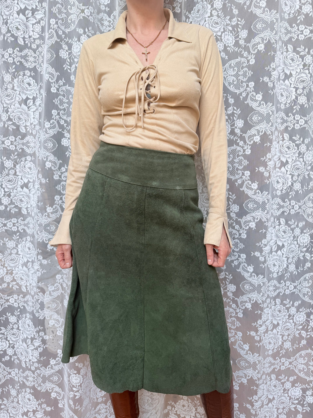 Vintage 1970s Emerald Green Suede Midi Skirt