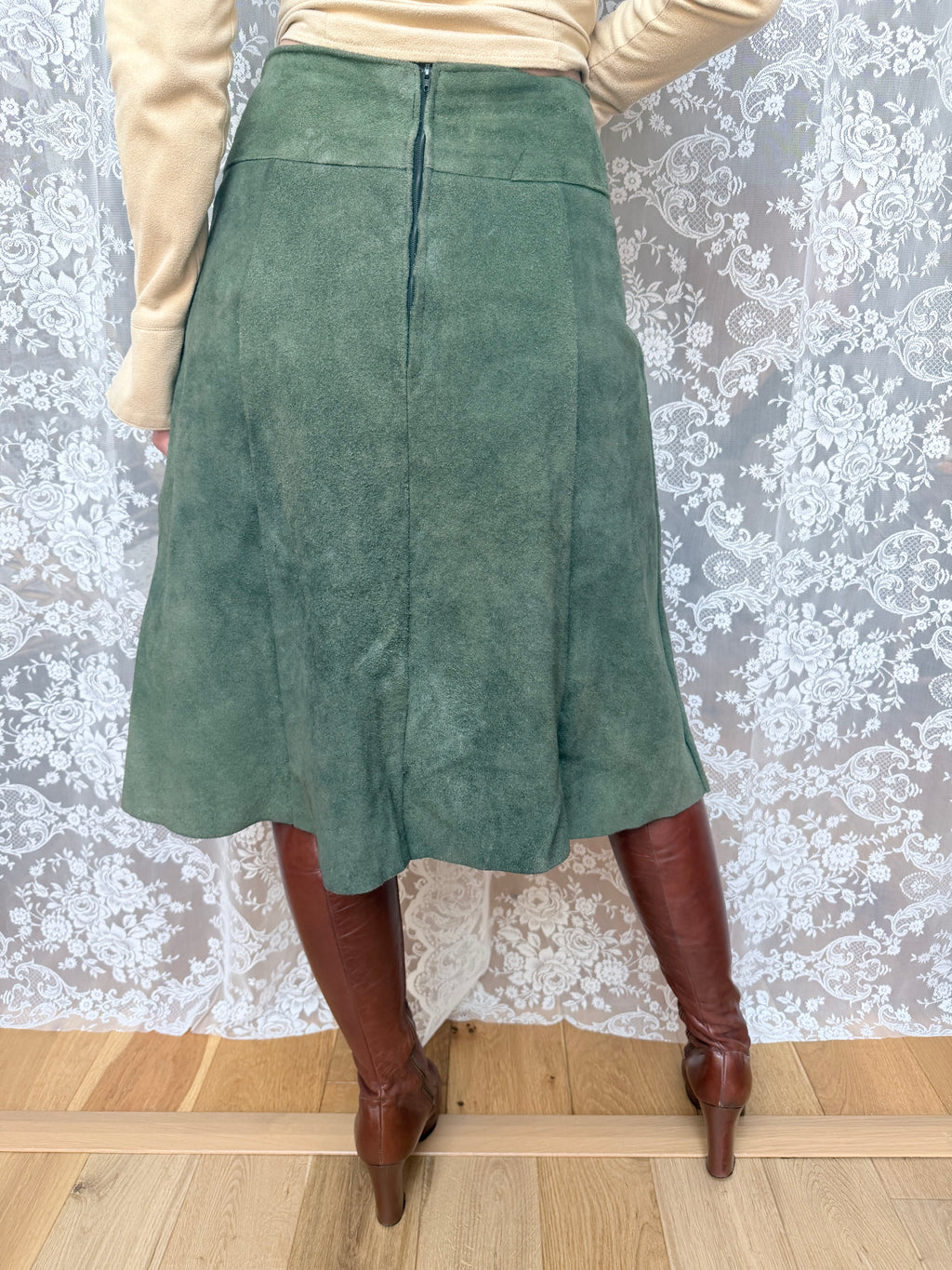 Vintage 1970s Emerald Green Suede Midi Skirt