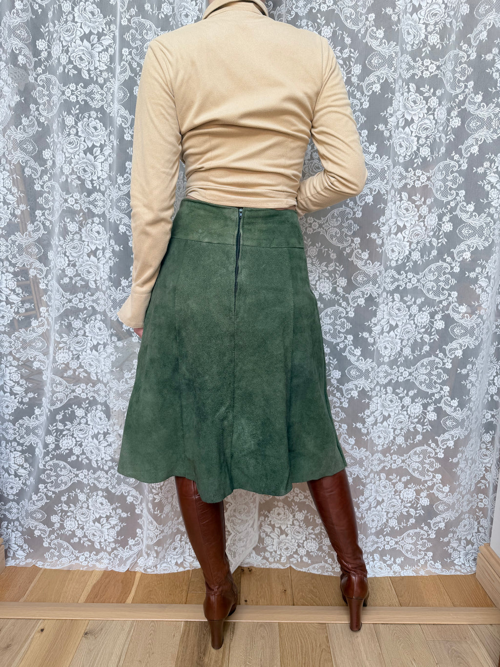 Vintage 1970s Emerald Green Suede Midi Skirt