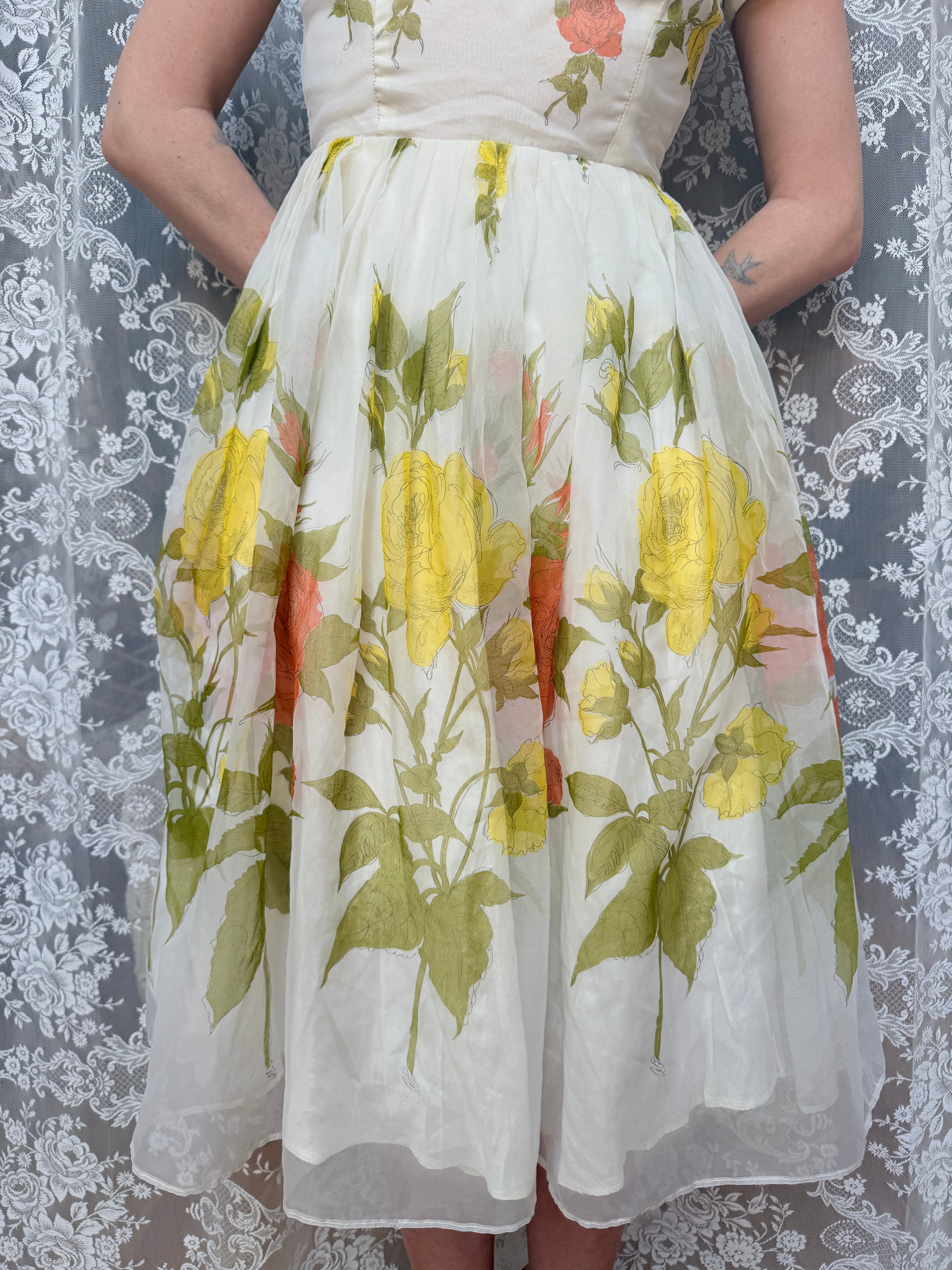 Vintage 1950s Floral Roses Summer Midi Dress