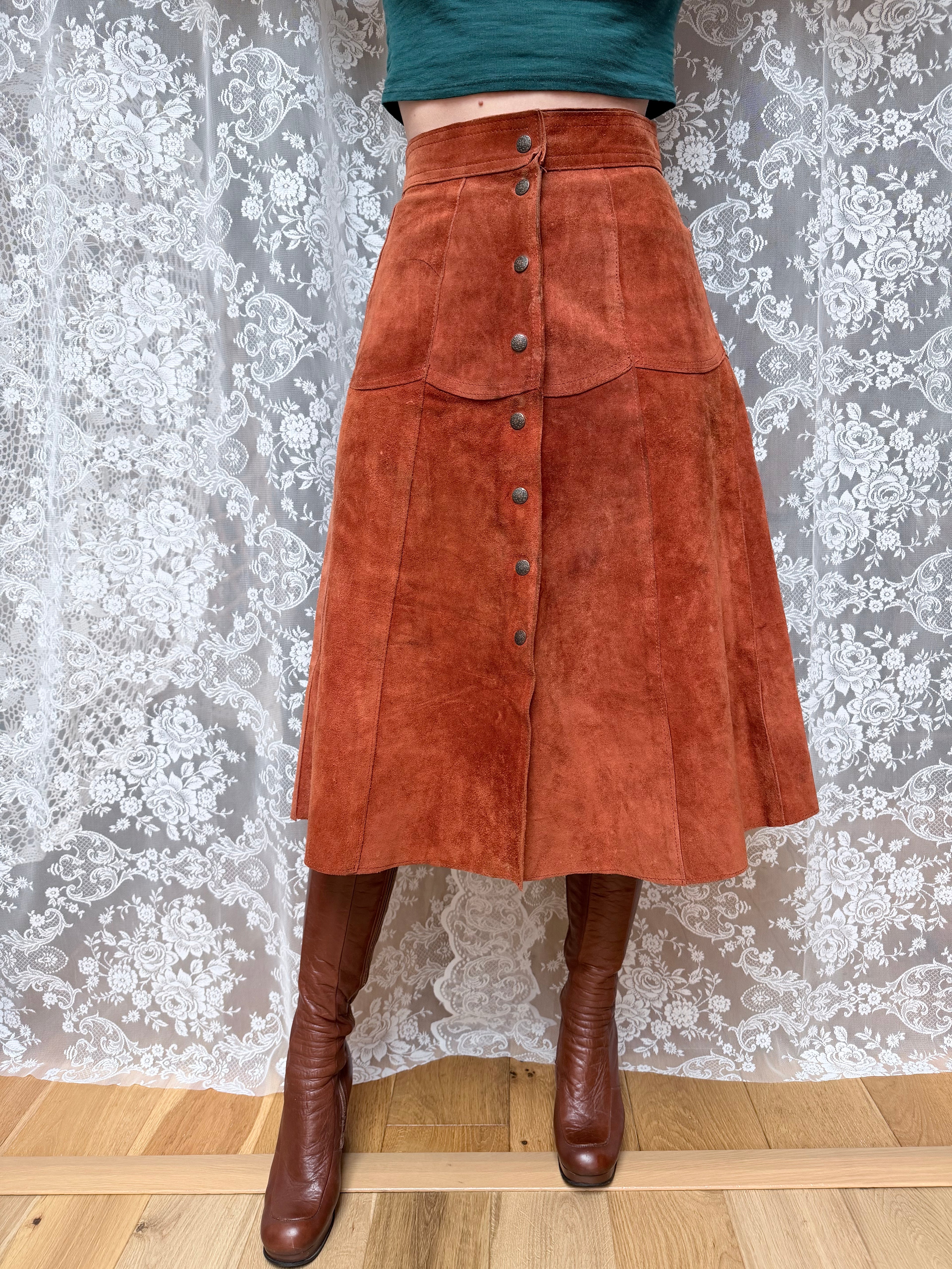 Vintage 1970s Burnt Orange Suede Midi Skirt