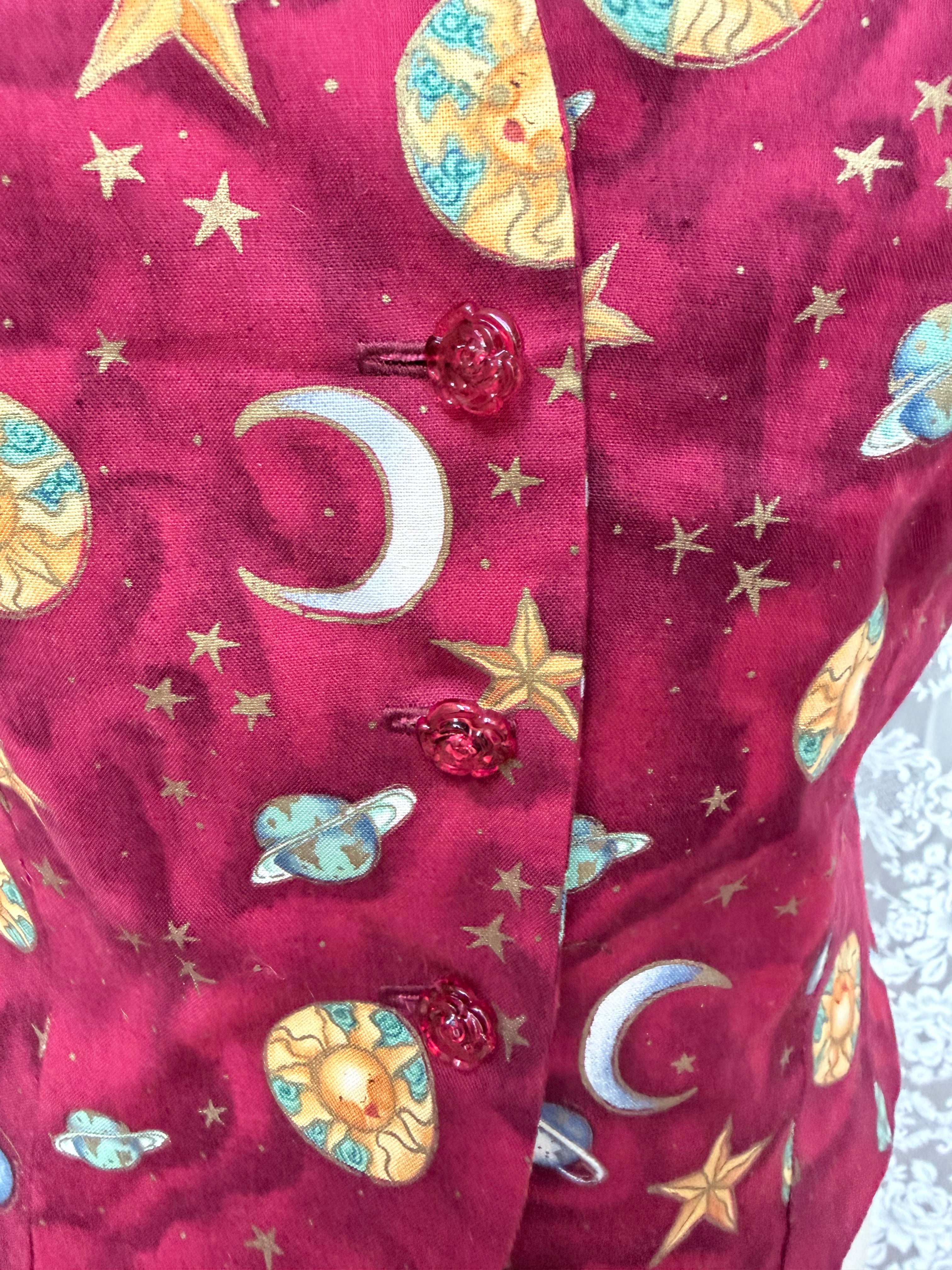 Red Night Sky: Vintage 1990s/Y2K Sun Moon and Stars Waistcoat