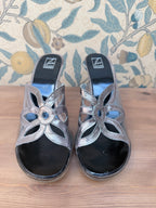 Vintage Charles Jourdan Silver Flower Block Heel Shoes