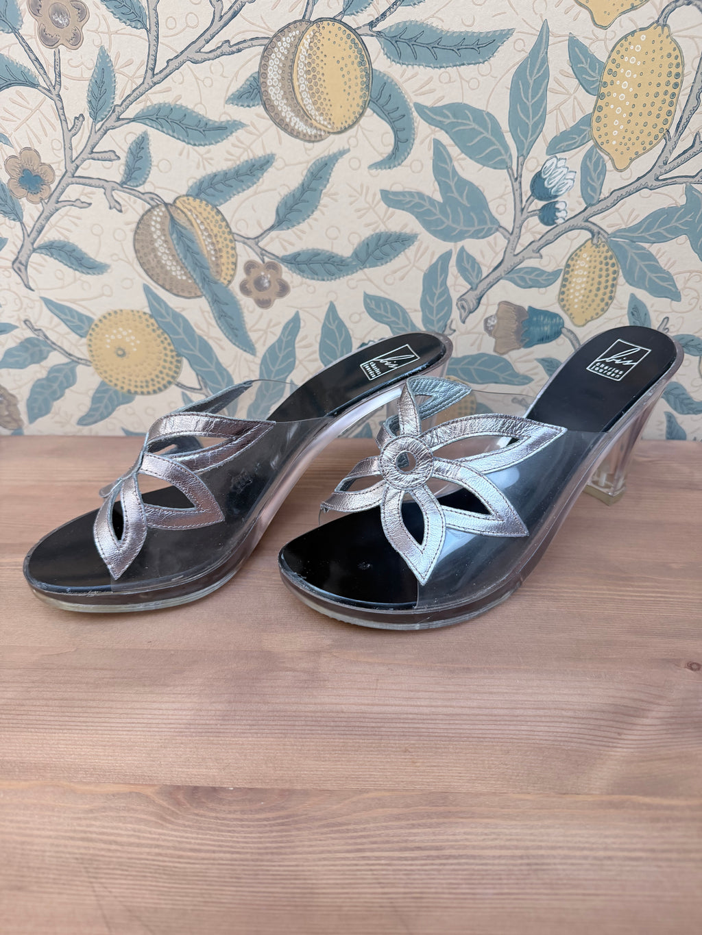 Vintage Charles Jourdan Silver Flower Block Heel Shoes