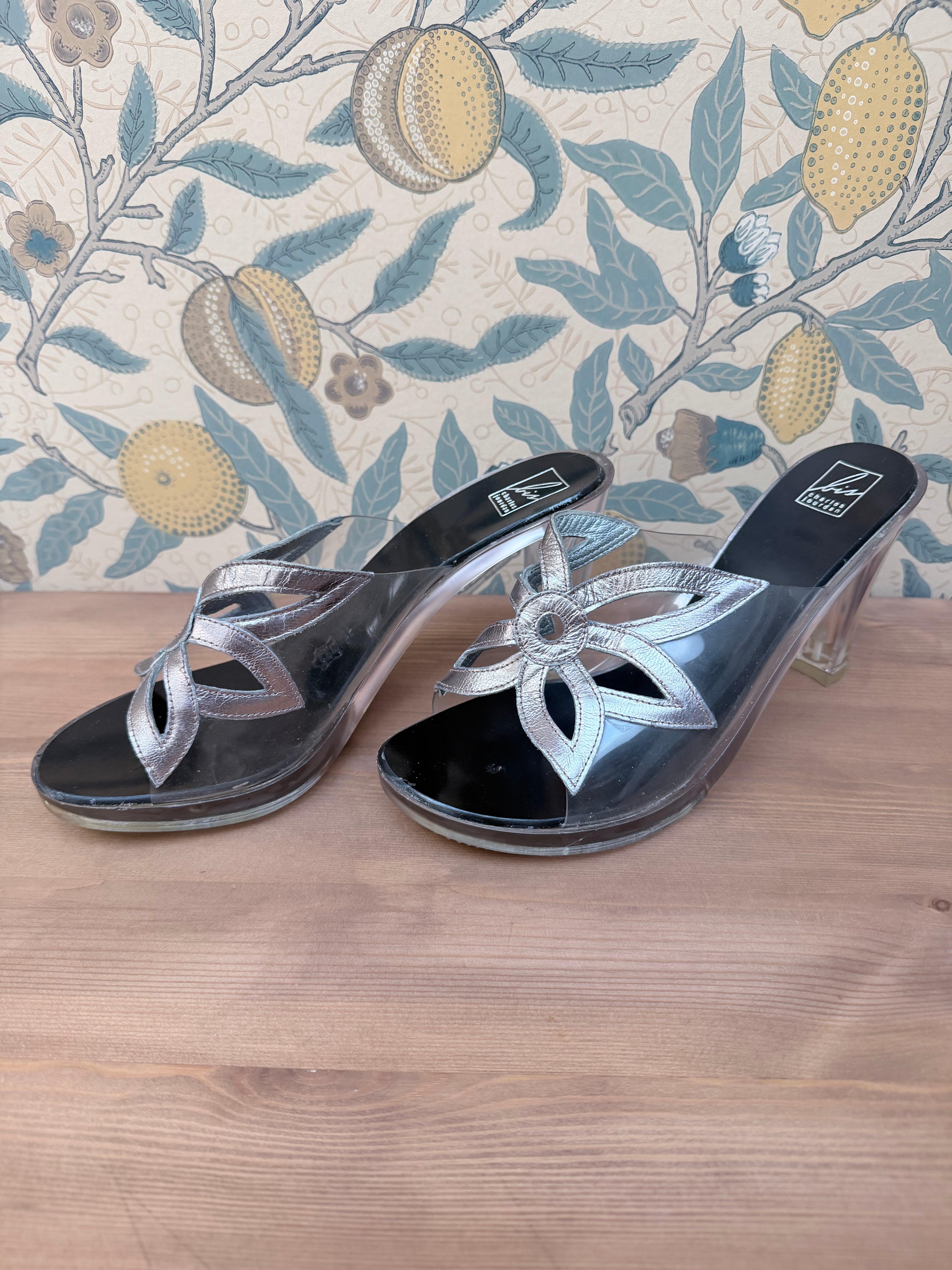 Vintage Charles Jourdan Silver Flower Block Heel Shoes