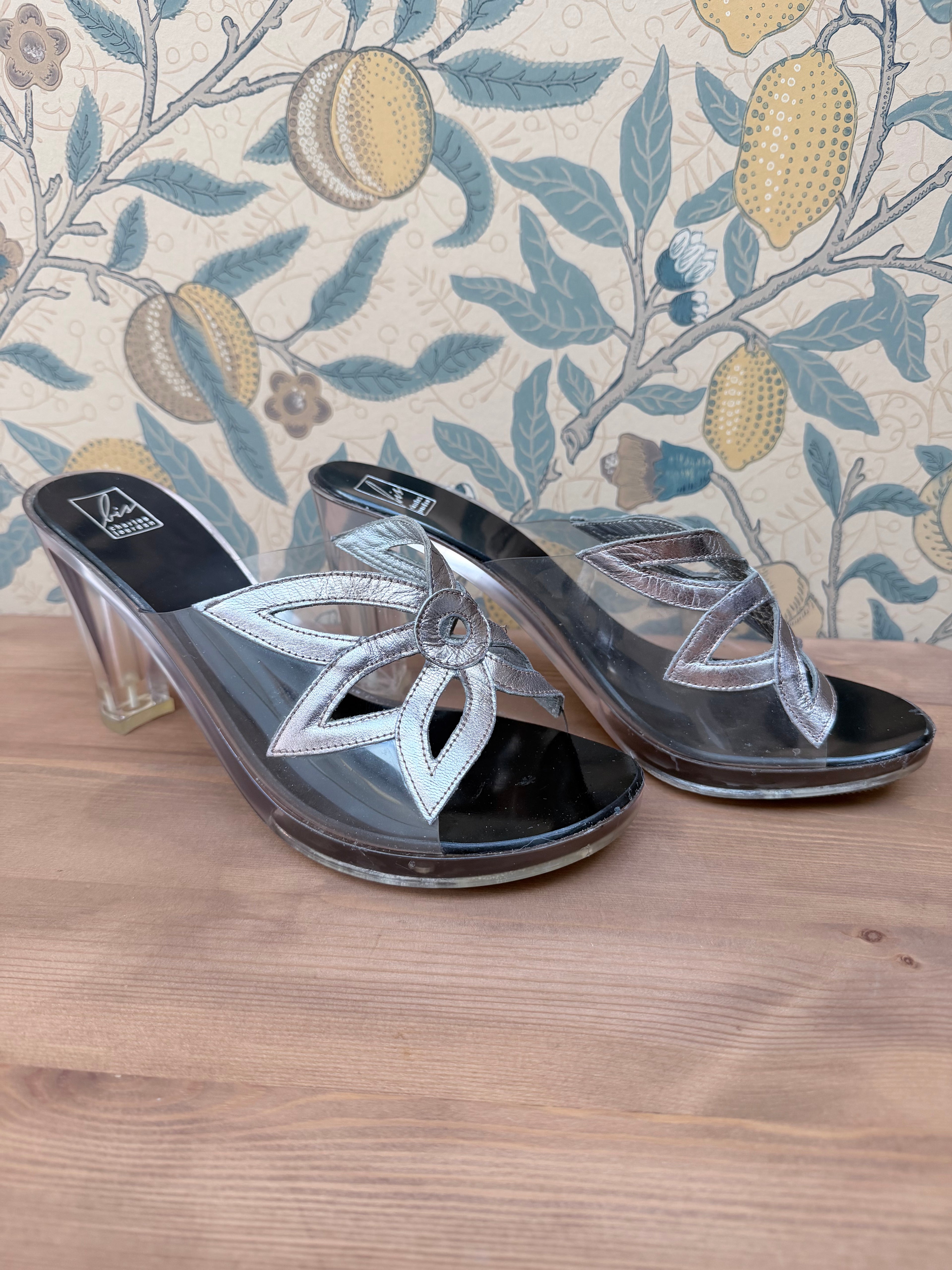 Vintage Charles Jourdan Silver Flower Block Heel Shoes