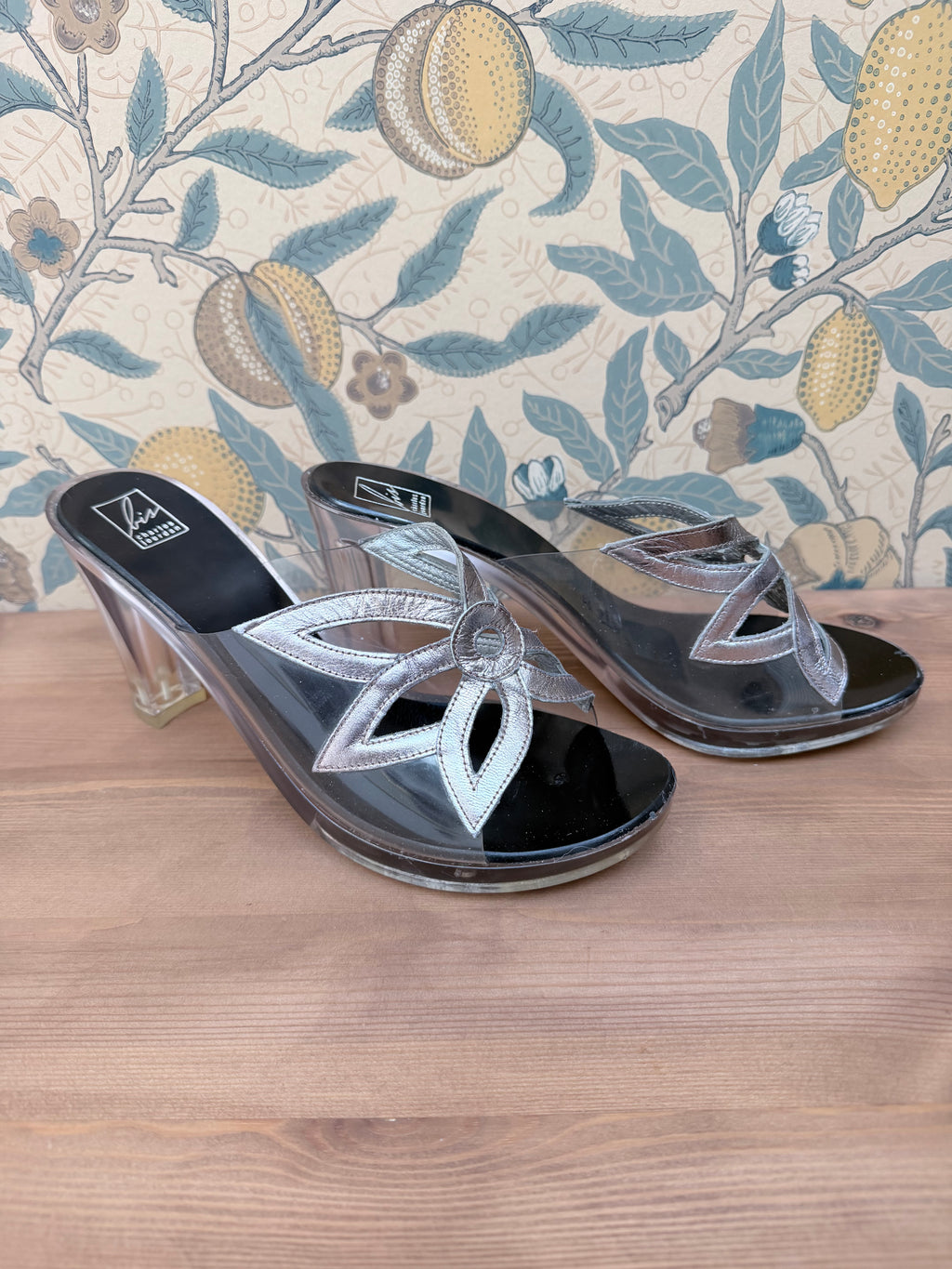 Vintage Charles Jourdan Silver Flower Block Heel Shoes