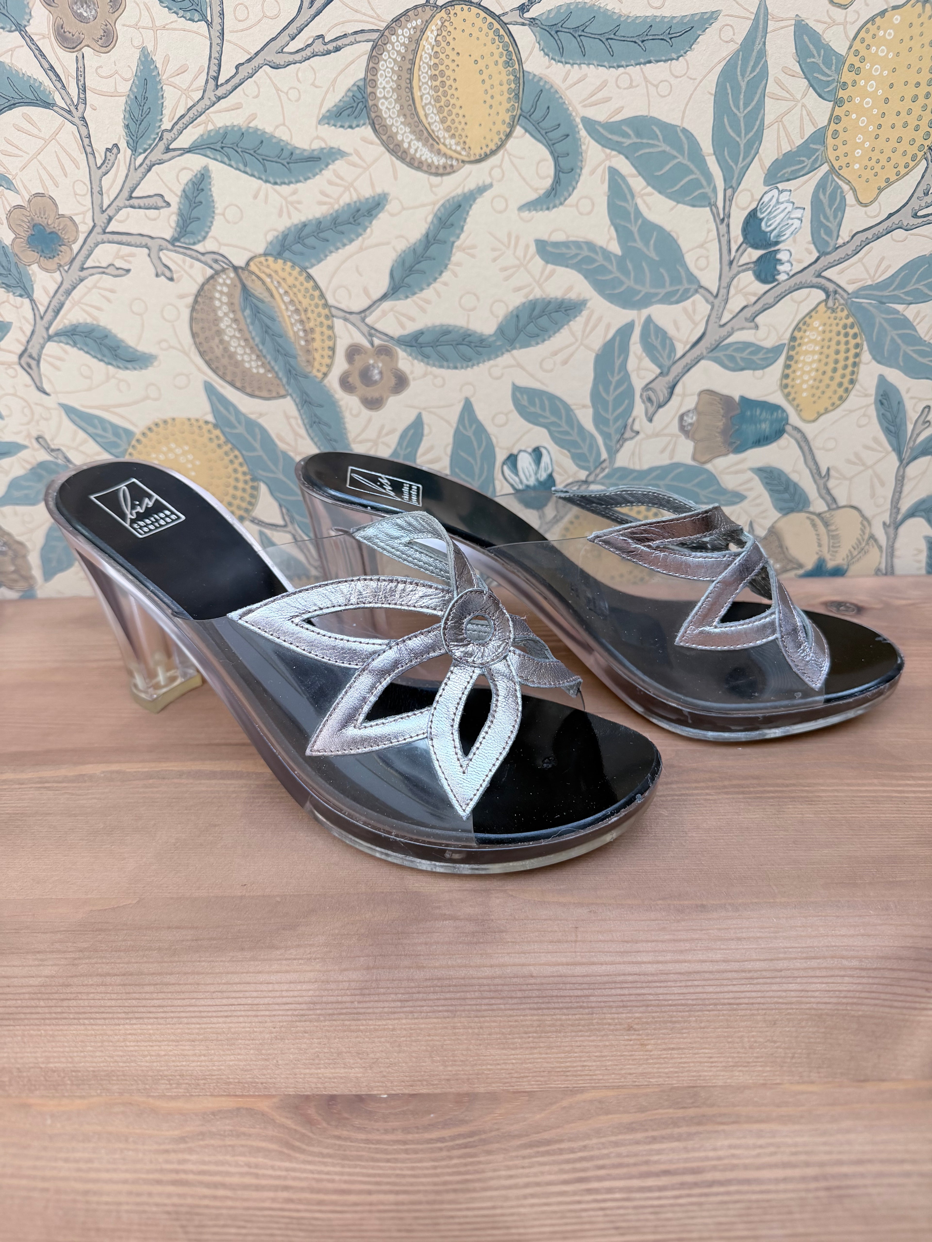 Vintage Charles Jourdan Silver Flower Block Heel Shoes