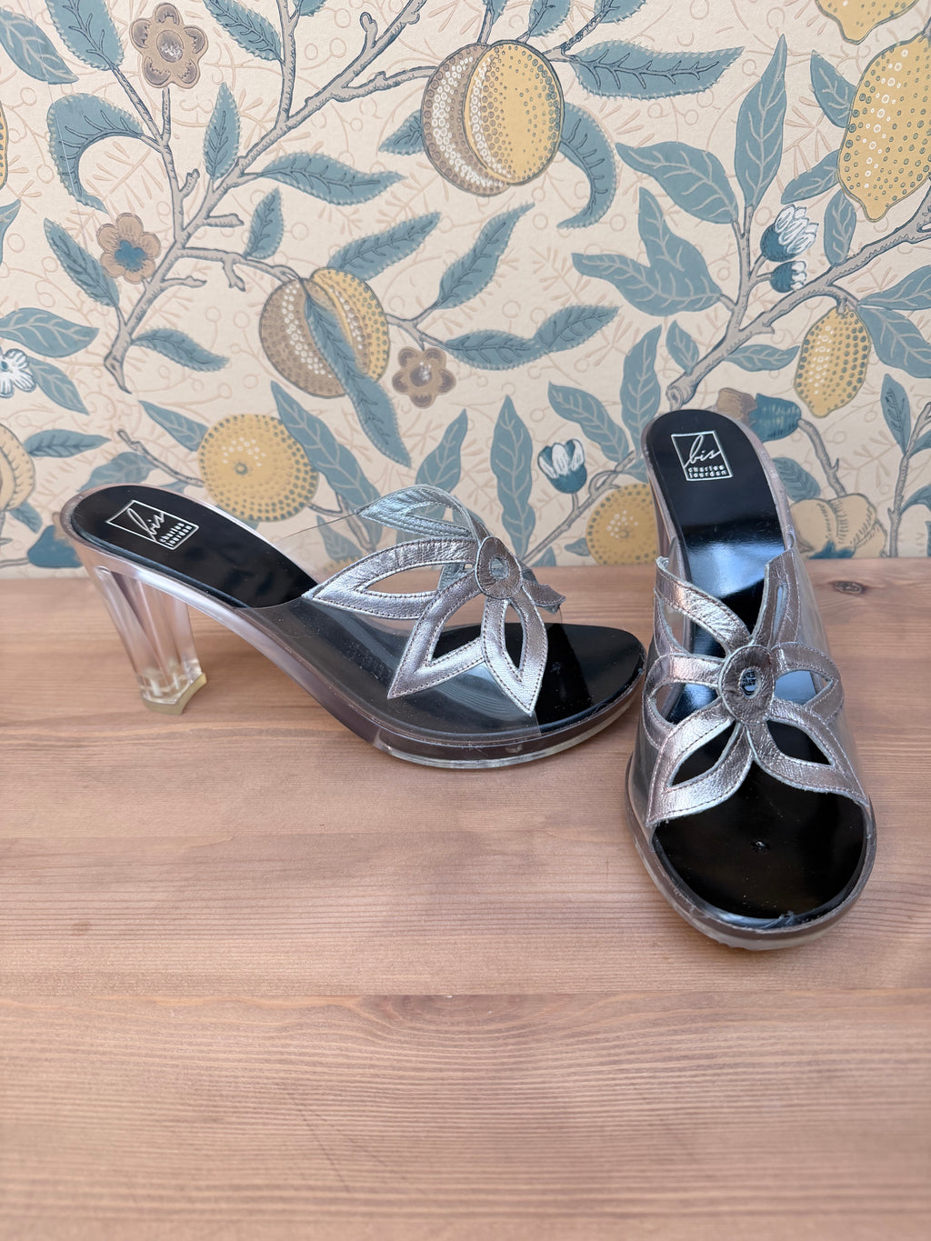 Vintage Charles Jourdan Silver Flower Block Heel Shoes
