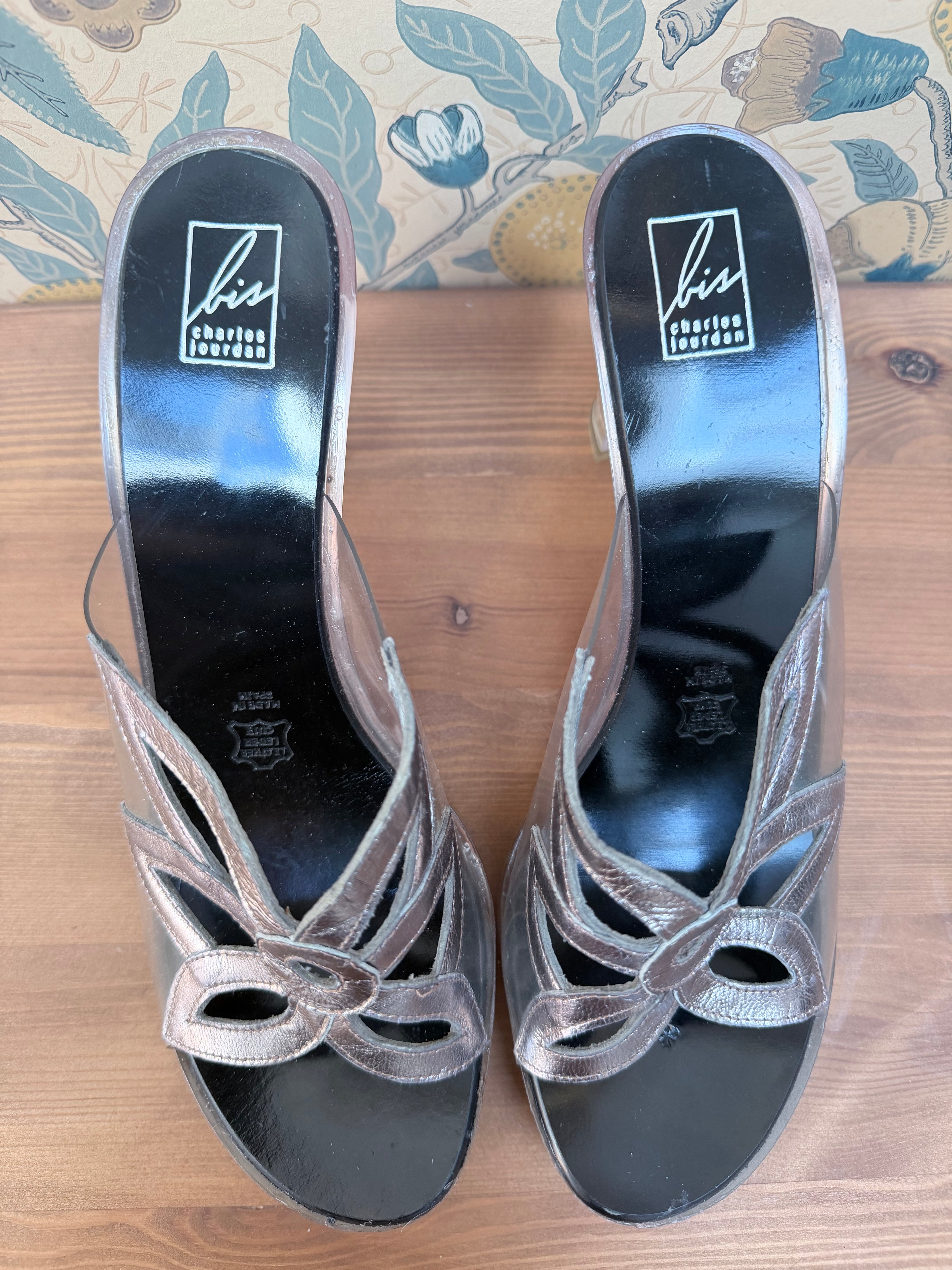 Vintage Charles Jourdan Silver Flower Block Heel Shoes