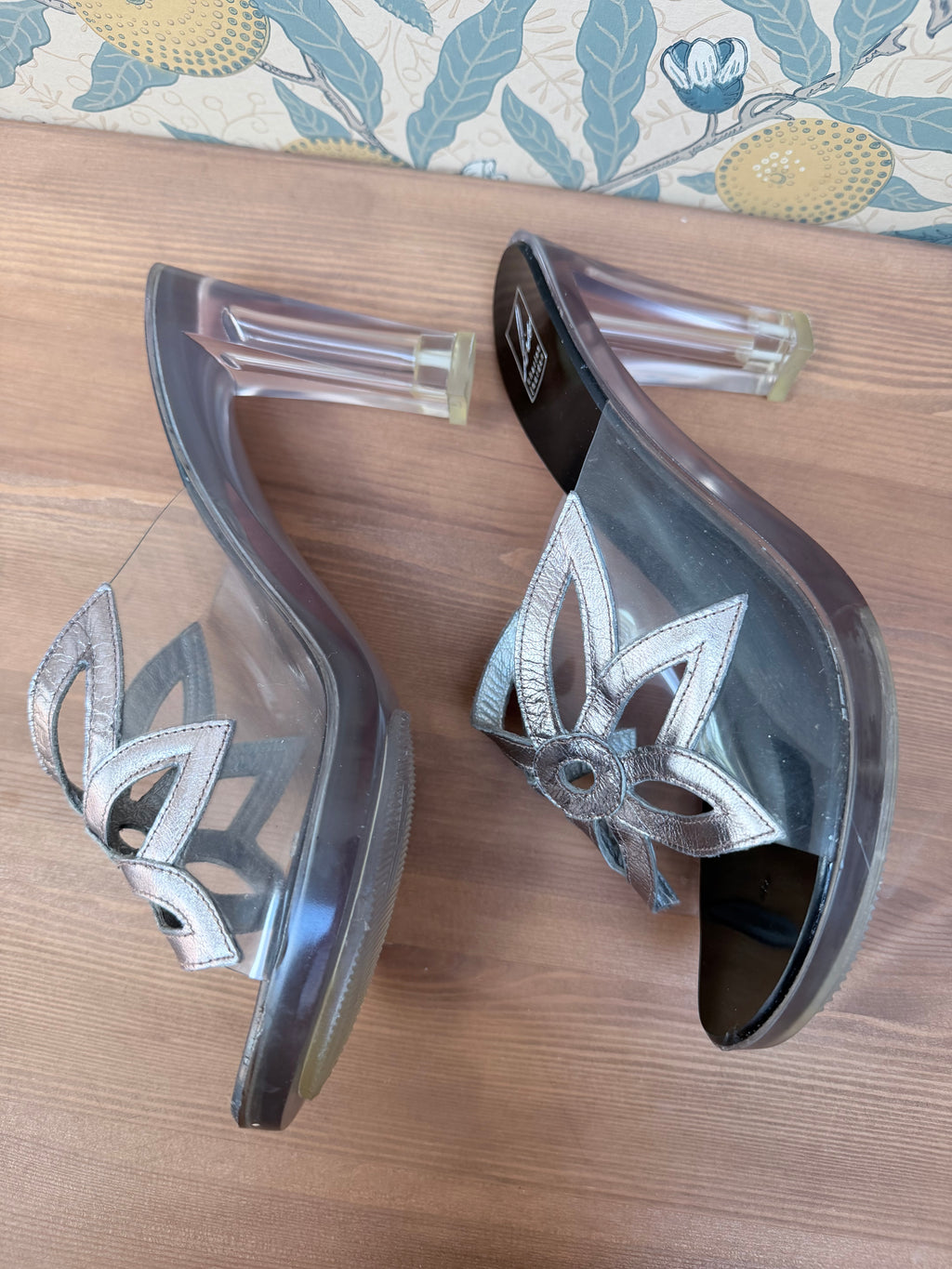 Vintage Charles Jourdan Silver Flower Block Heel Shoes