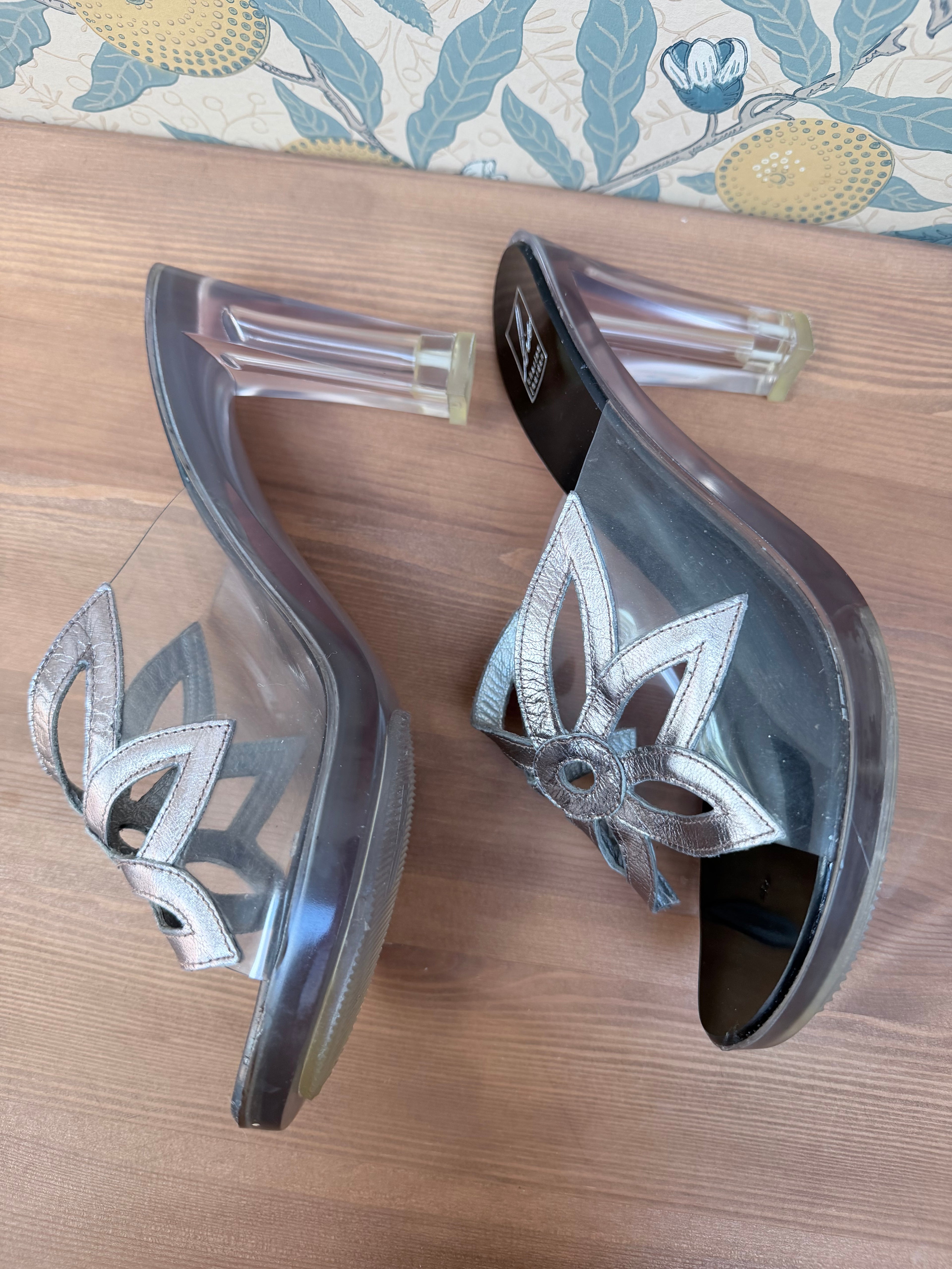Vintage Charles Jourdan Silver Flower Block Heel Shoes