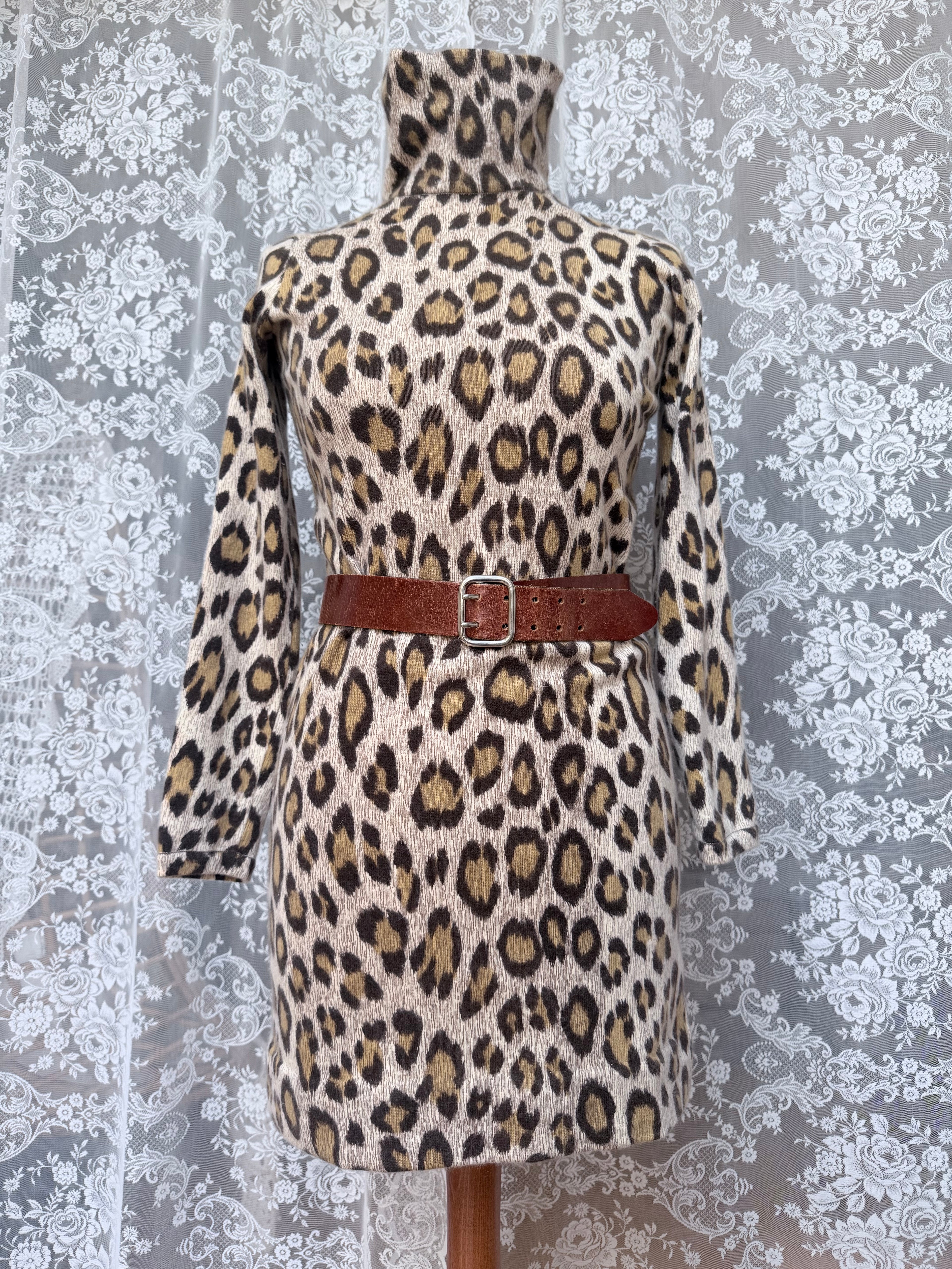 Extremely Rare 1970s Pringle of Scotland Leopard Print Cashmere Polo Dress