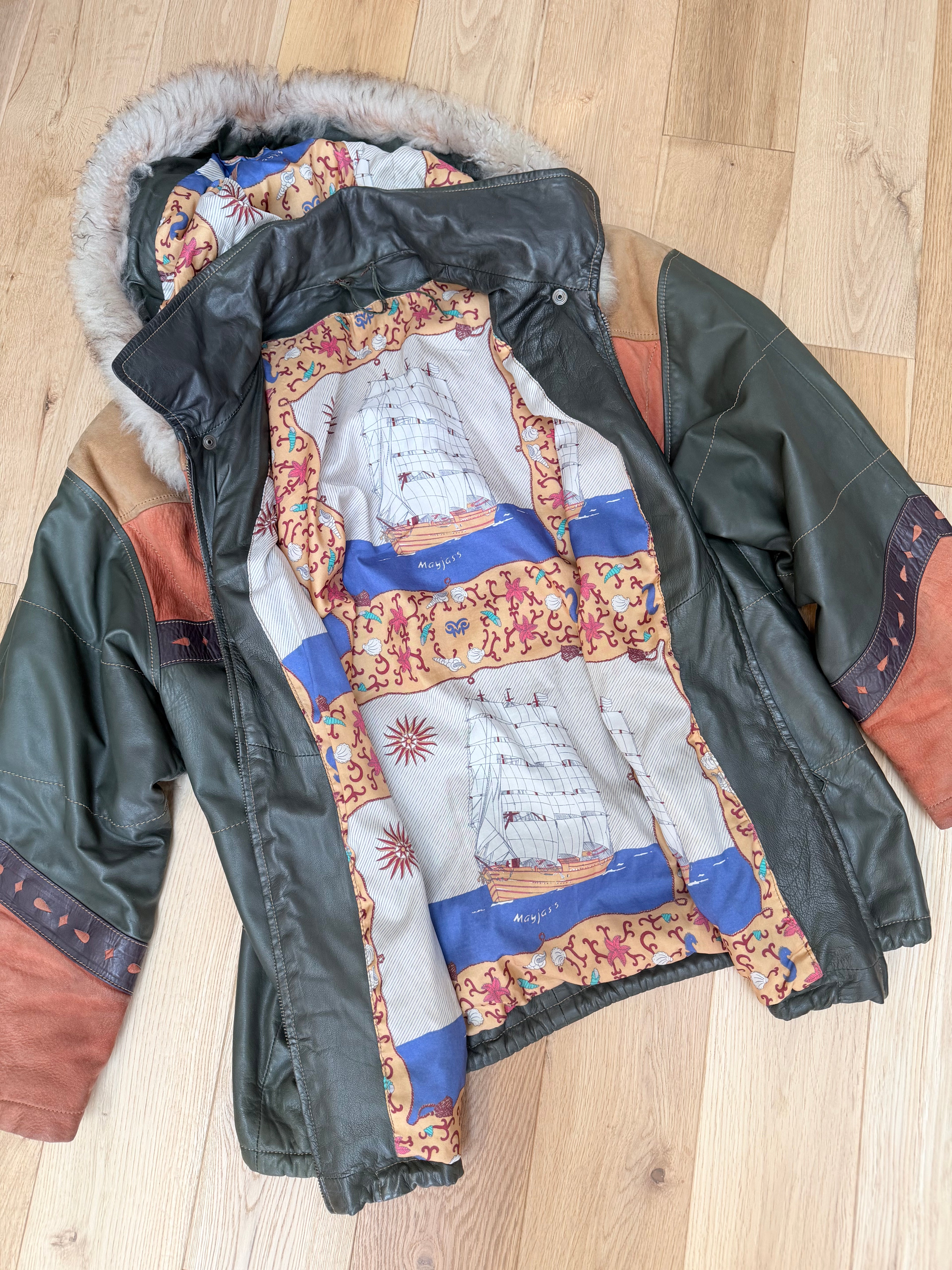 Spanish Leather Patchwork Aztec Bomber Jacket with Nautical Lining