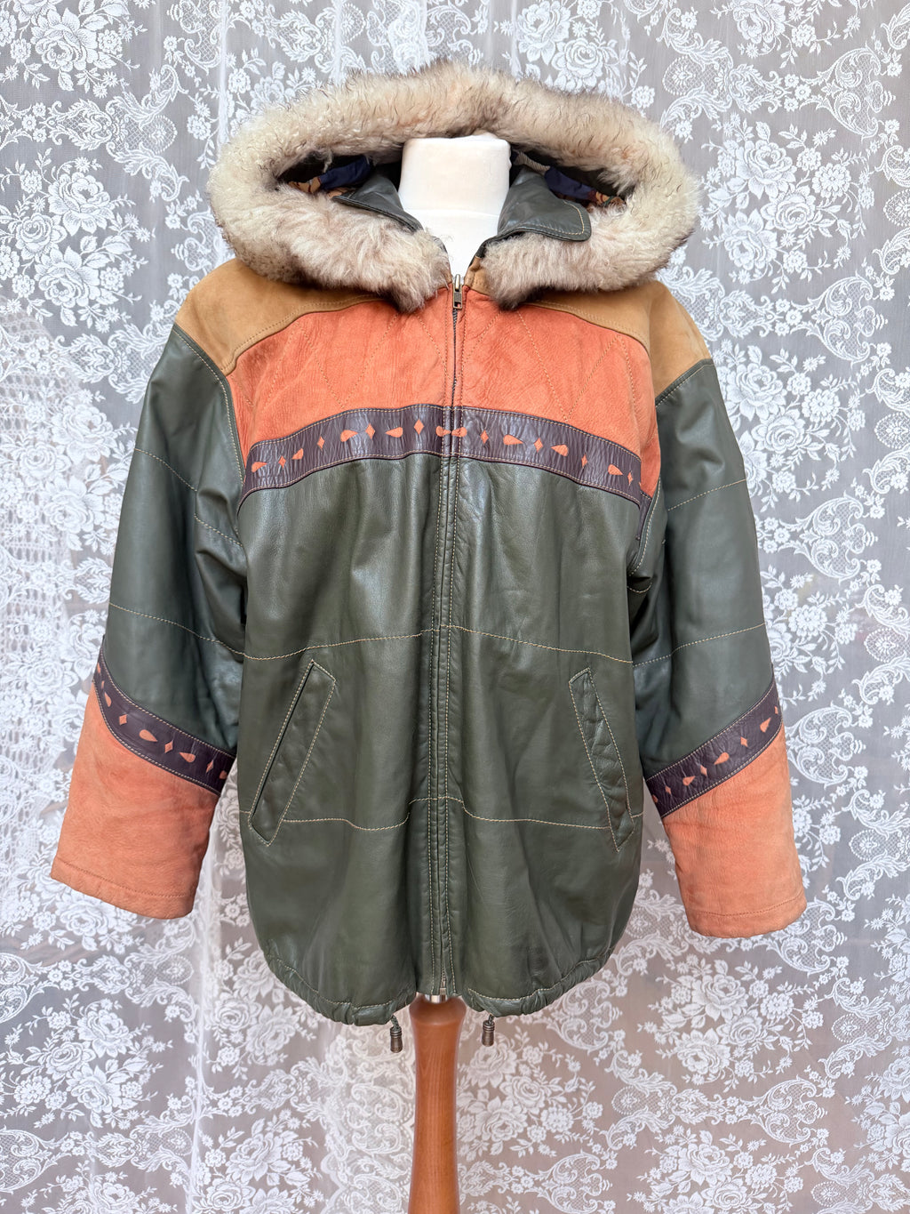 Spanish Leather Patchwork Aztec Bomber Jacket with Nautical Lining