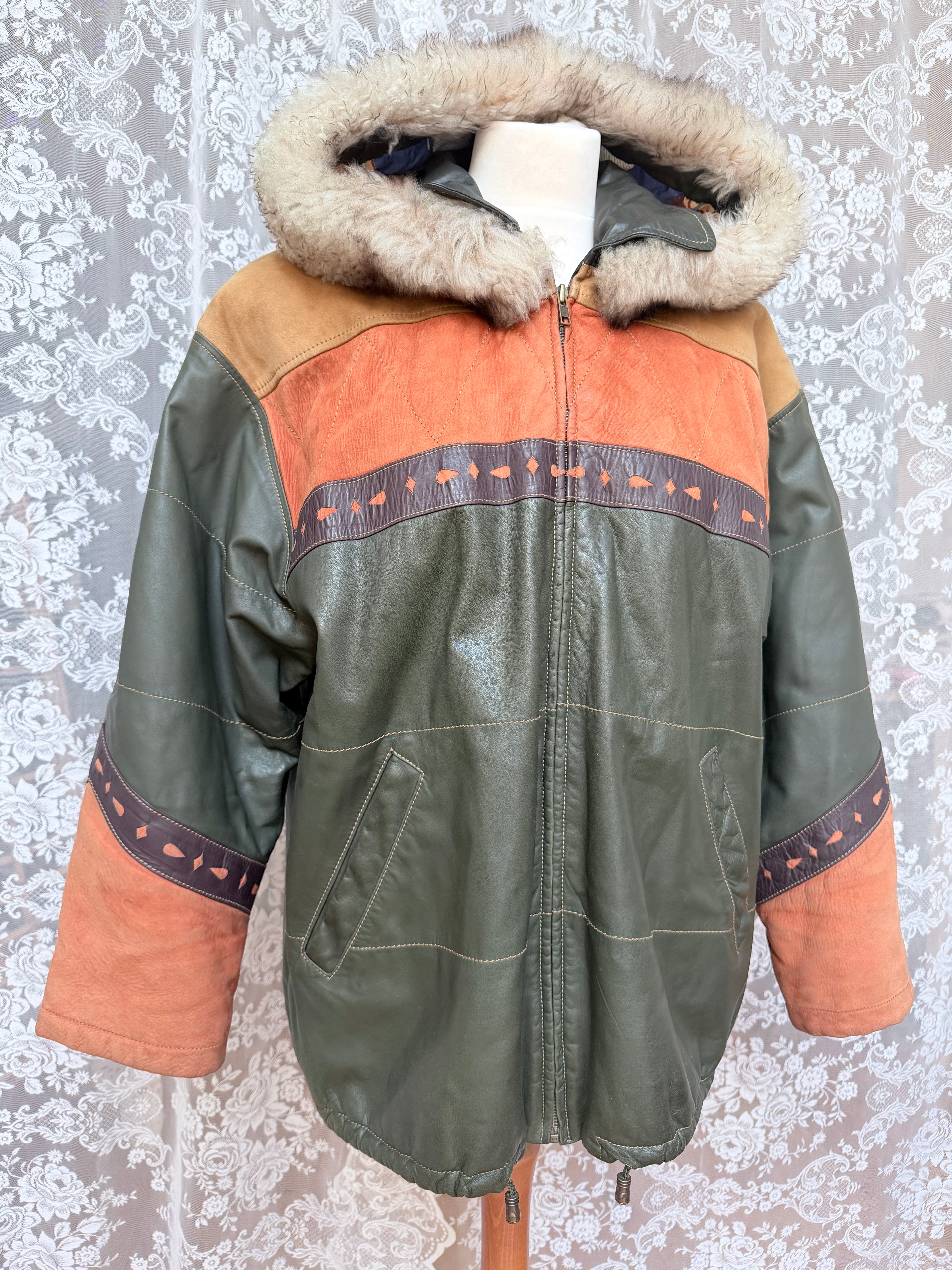Spanish Leather Patchwork Aztec Bomber Jacket with Nautical Lining