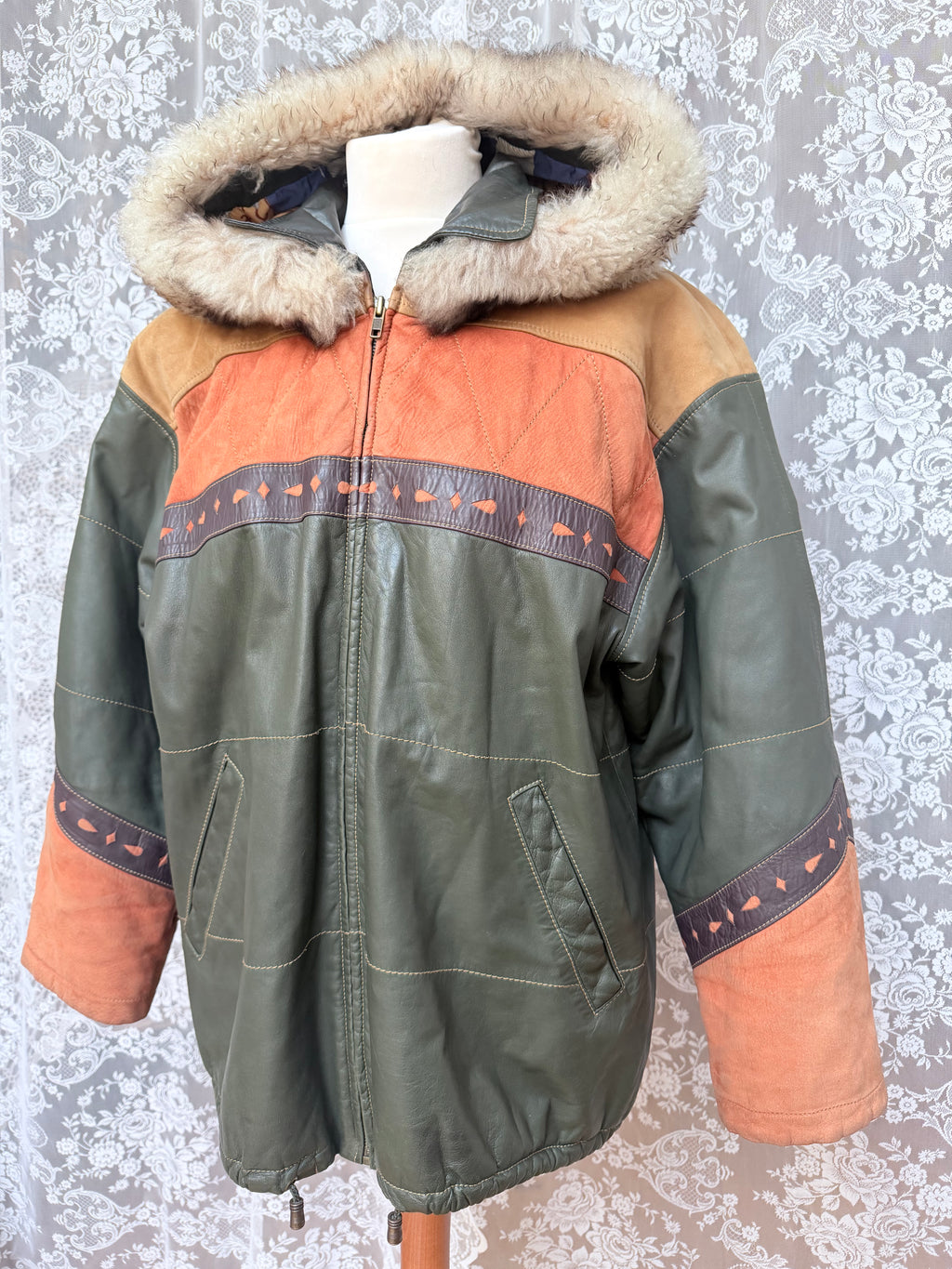 Spanish Leather Patchwork Aztec Bomber Jacket with Nautical Lining