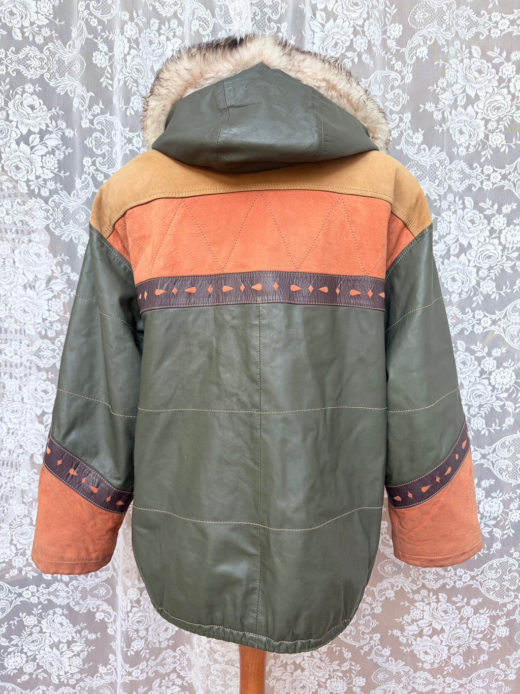 Spanish Leather Patchwork Aztec Bomber Jacket with Nautical Lining