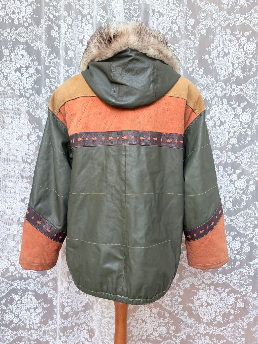 Spanish Leather Patchwork Aztec Bomber Jacket with Nautical Lining