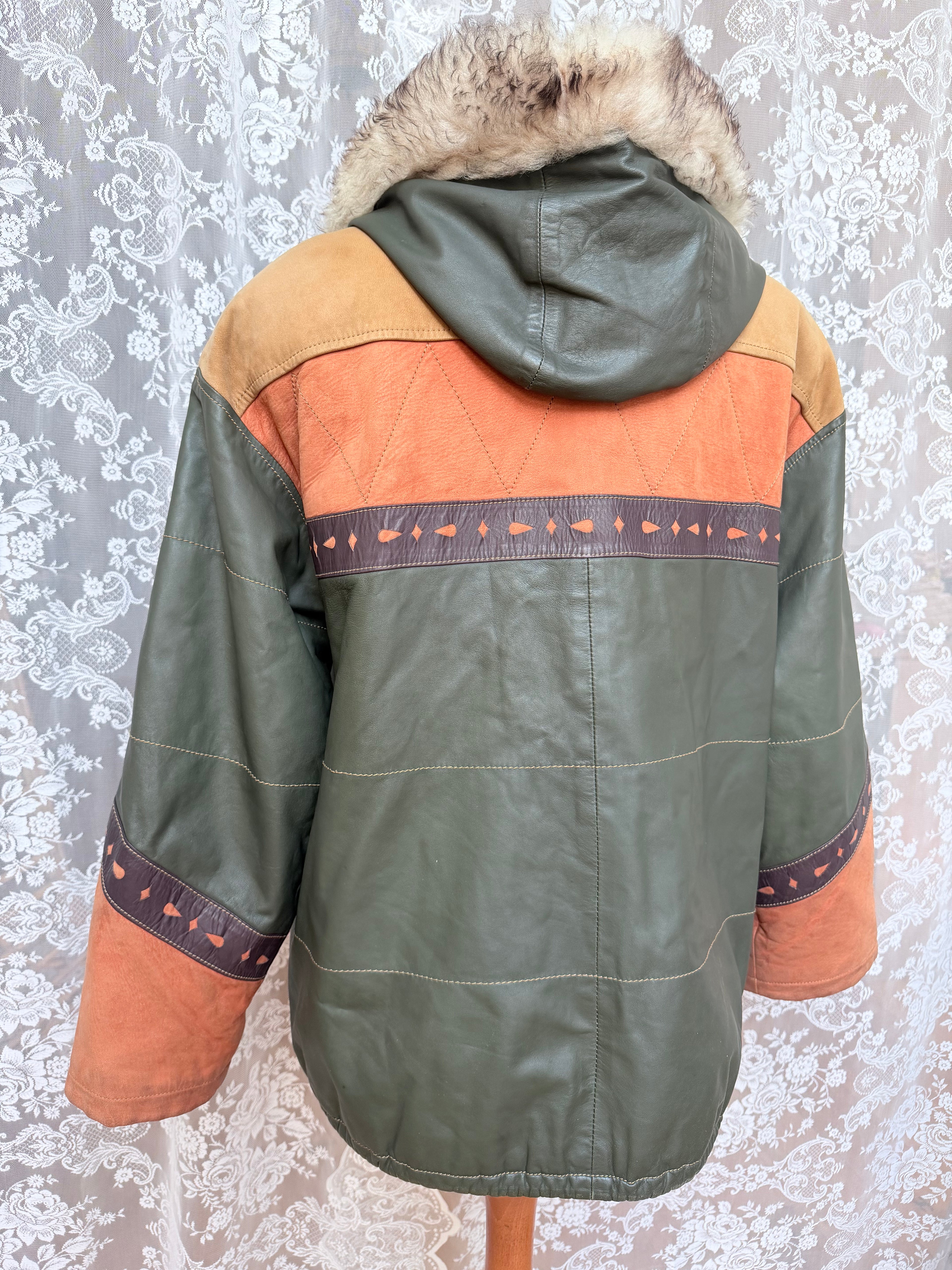 Spanish Leather Patchwork Aztec Bomber Jacket with Nautical Lining