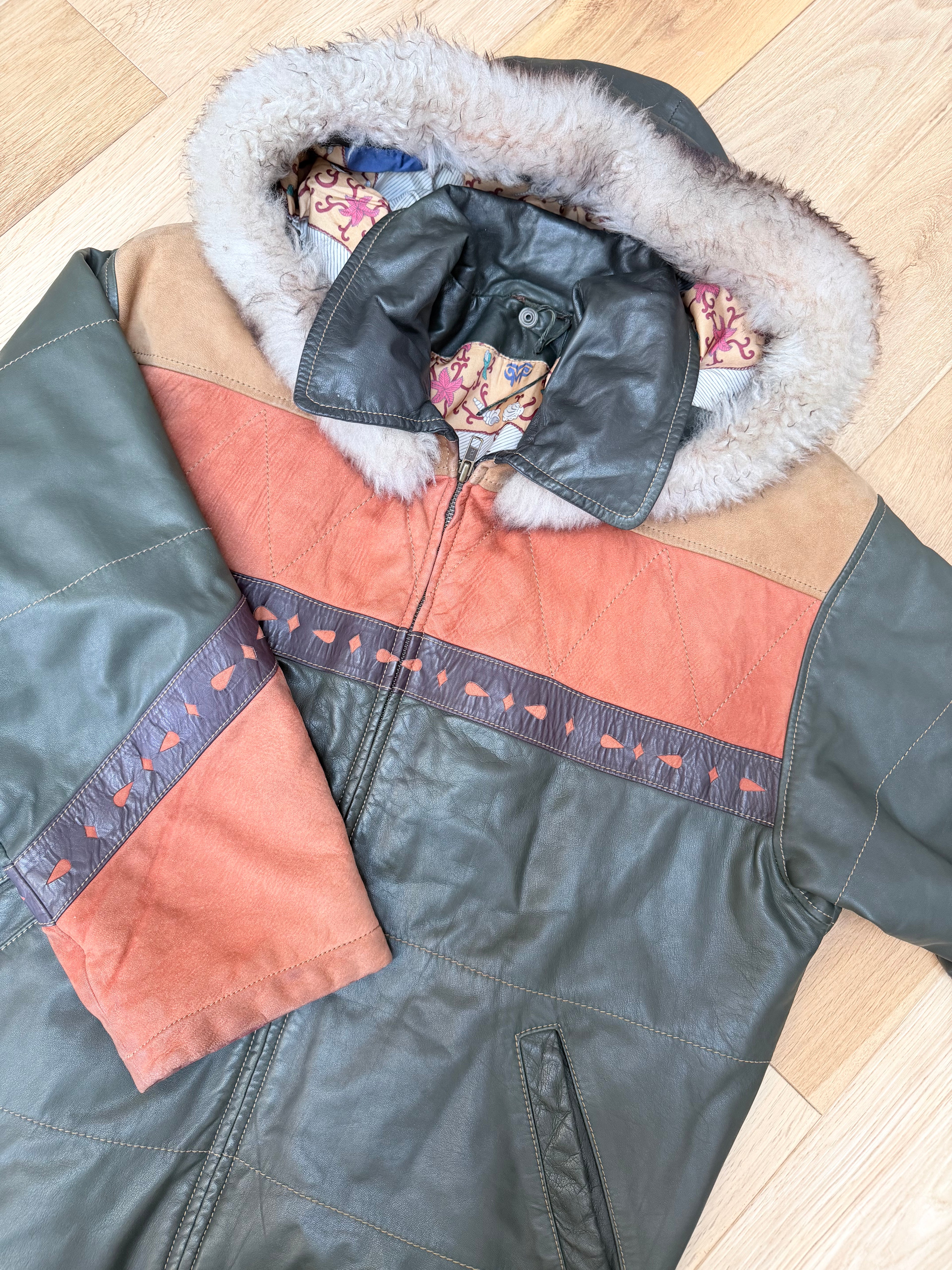 Spanish Leather Patchwork Aztec Bomber Jacket with Nautical Lining