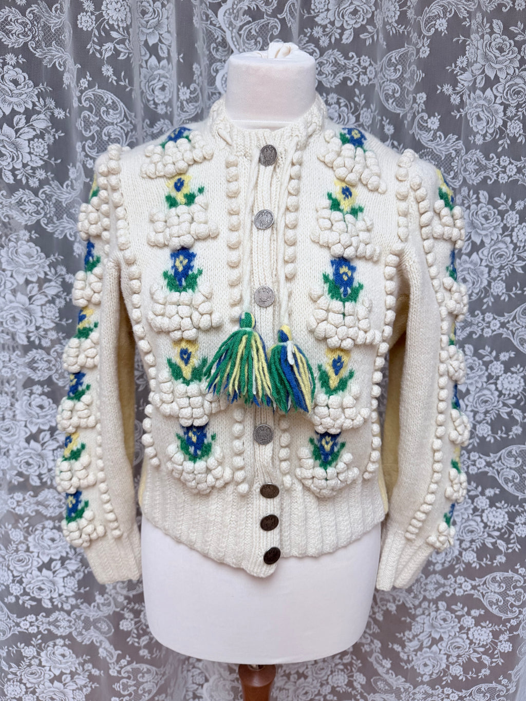 The Katharina: Vintage Austrian Floral Wool Cardigan with Antique Coin Buttons