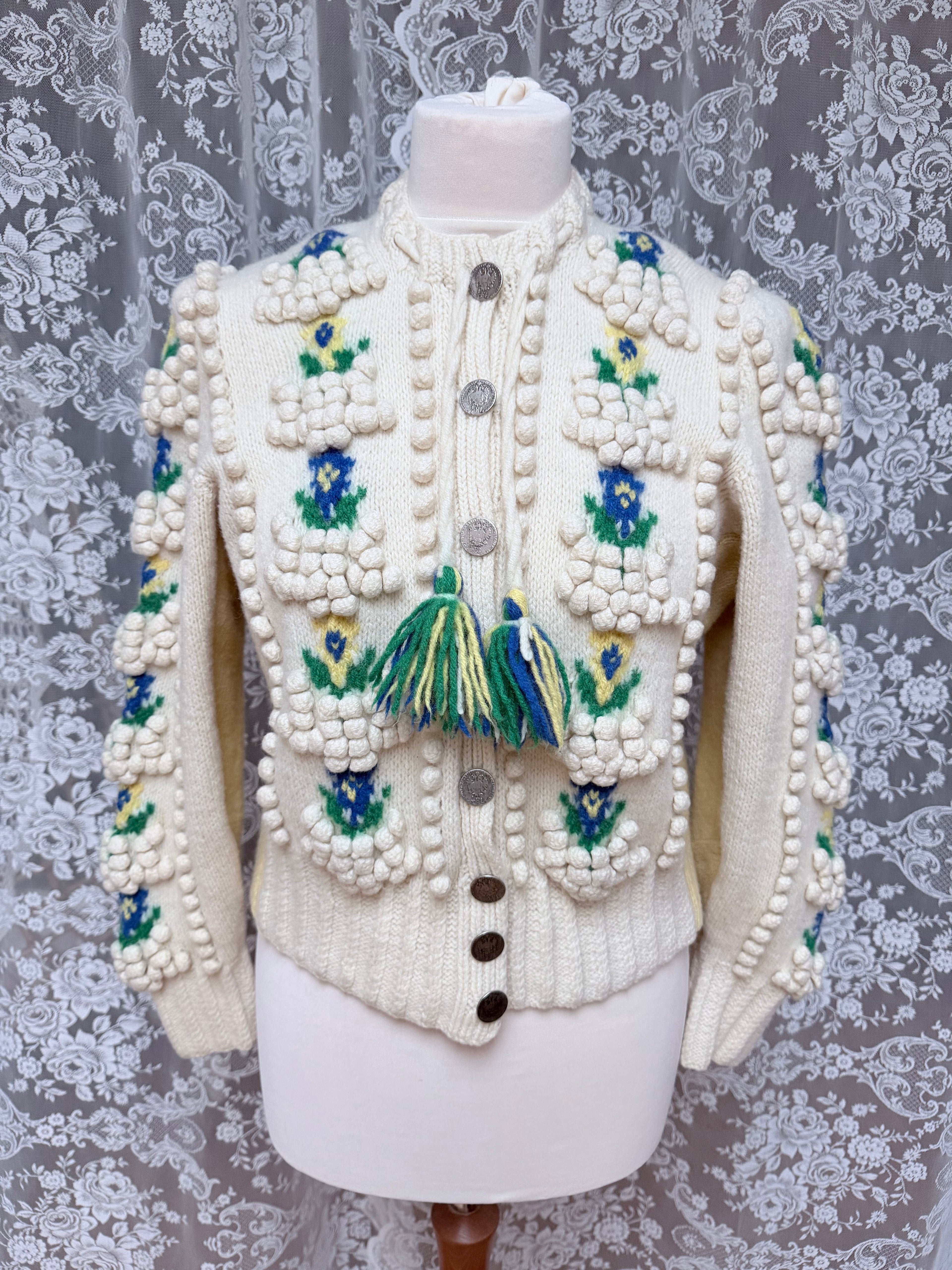 The Katharina: Vintage Austrian Floral Wool Cardigan with Antique Coin Buttons