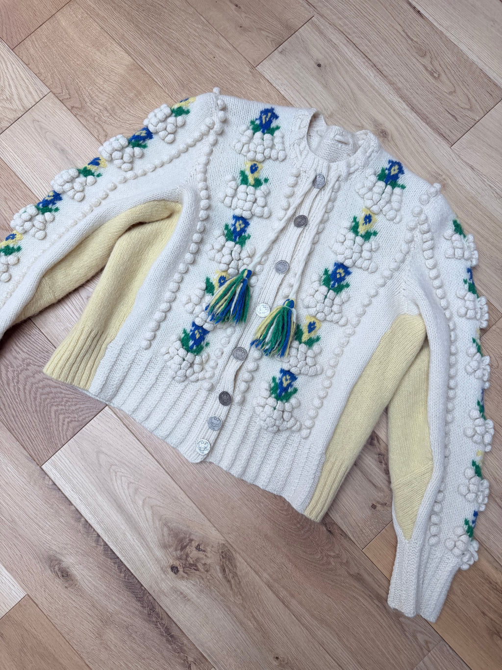 The Katharina: Vintage Austrian Floral Wool Cardigan with Antique Coin Buttons