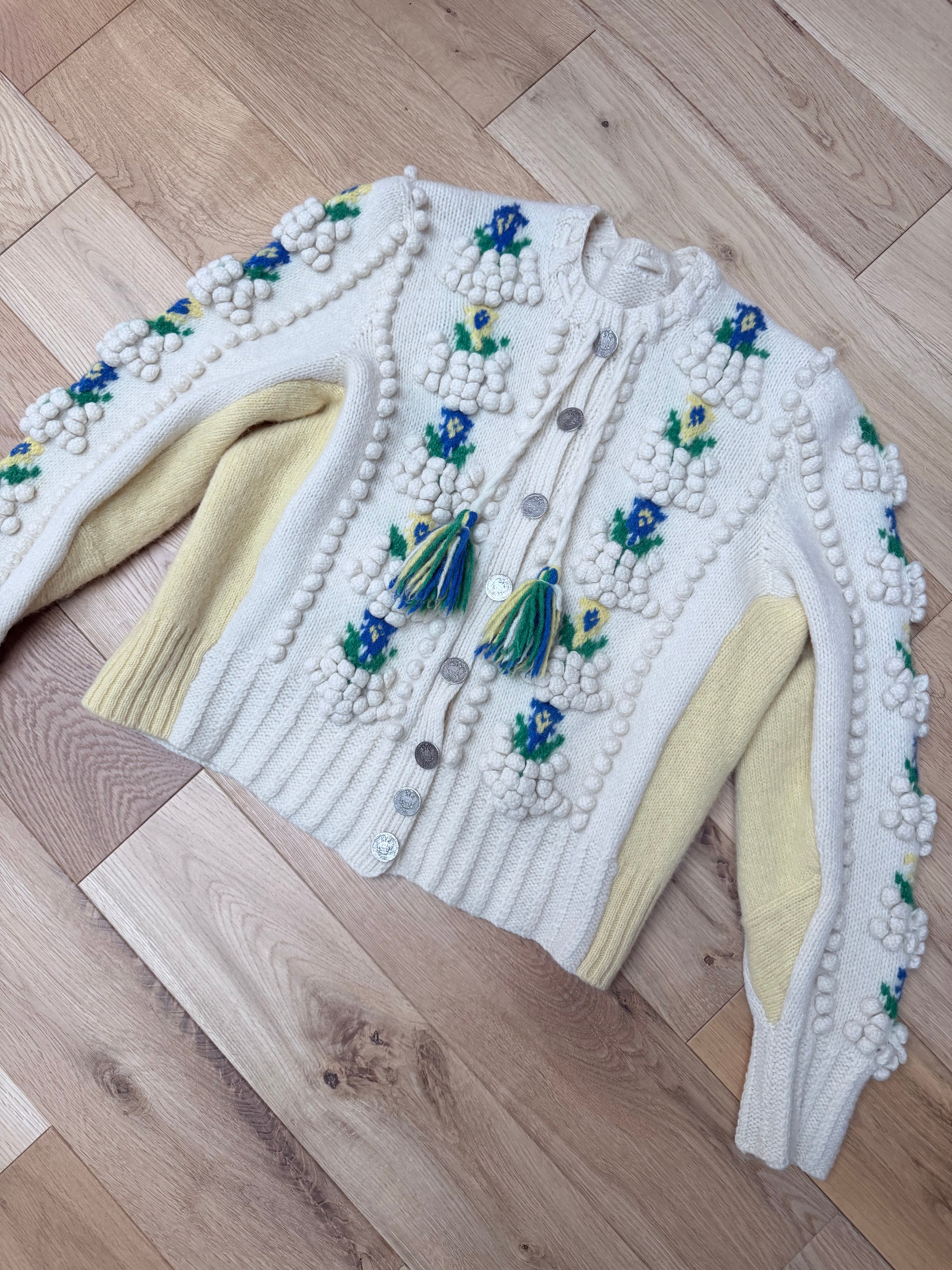 The Katharina: Vintage Austrian Floral Wool Cardigan with Antique Coin Buttons