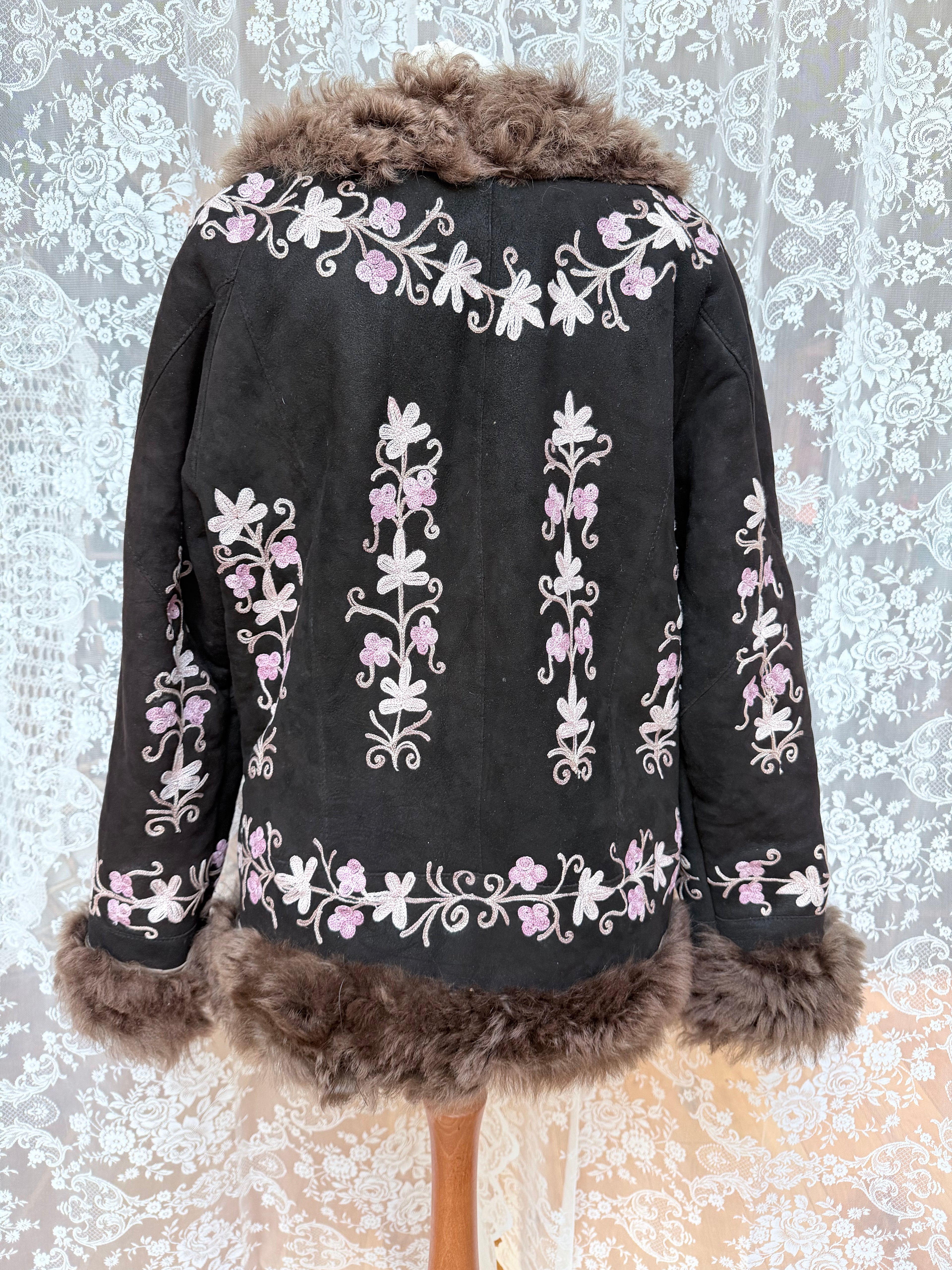 The Ariana: Vintage 1970s Suede Floral Embroidered Afghan Coat