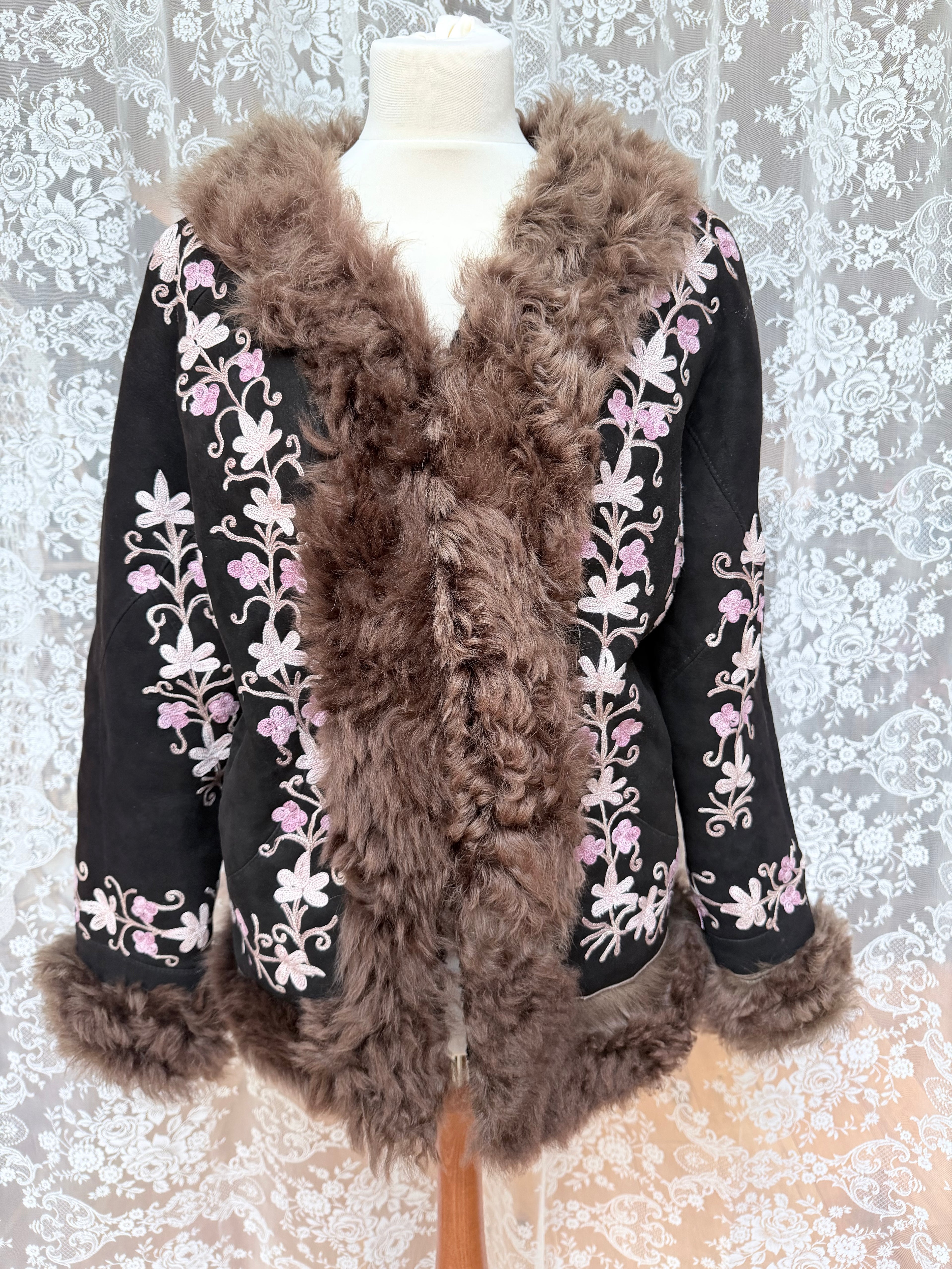 The Ariana: Vintage 1970s Suede Floral Embroidered Afghan Coat