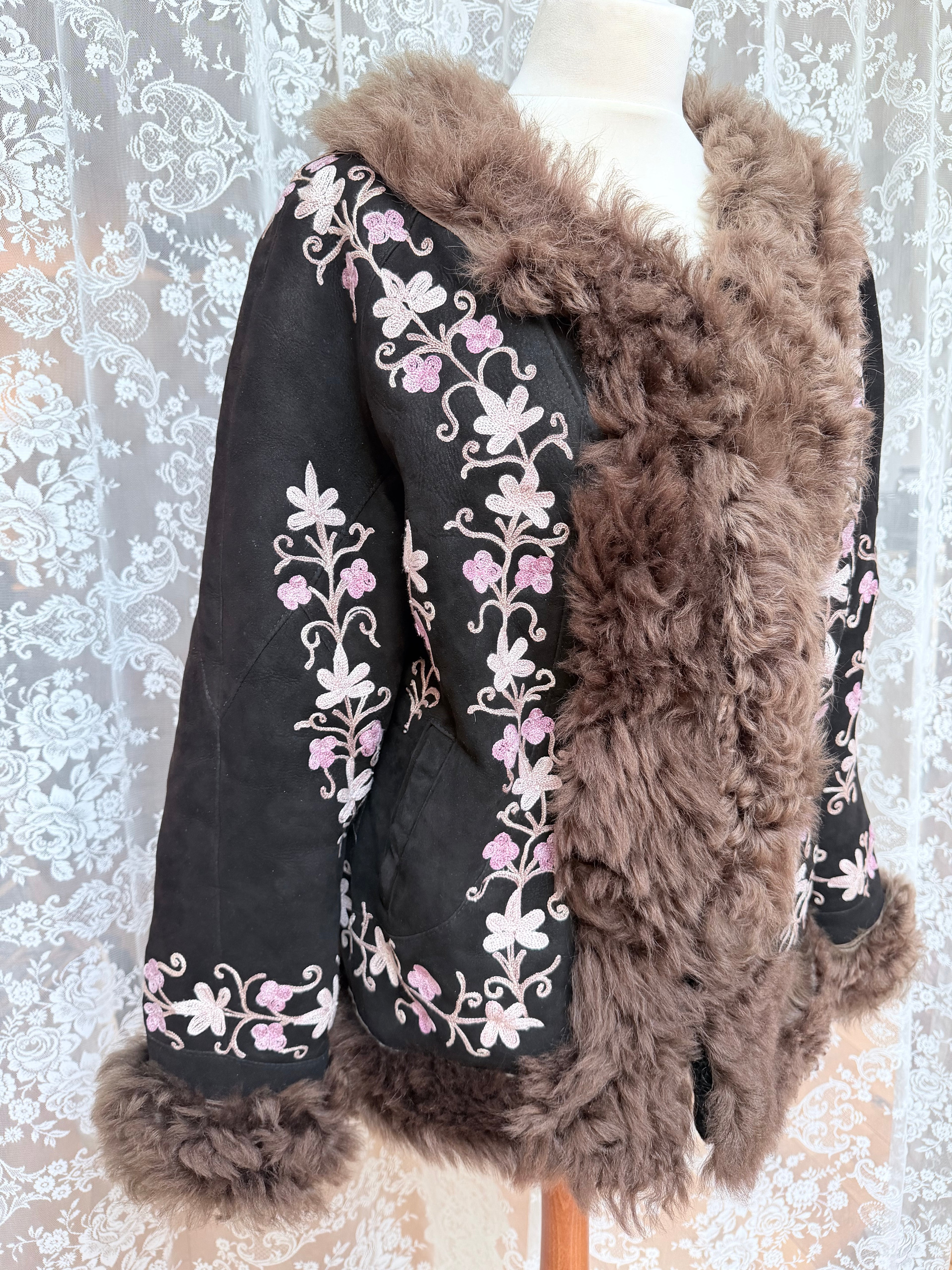 The Ariana: Vintage 1970s Suede Floral Embroidered Afghan Coat