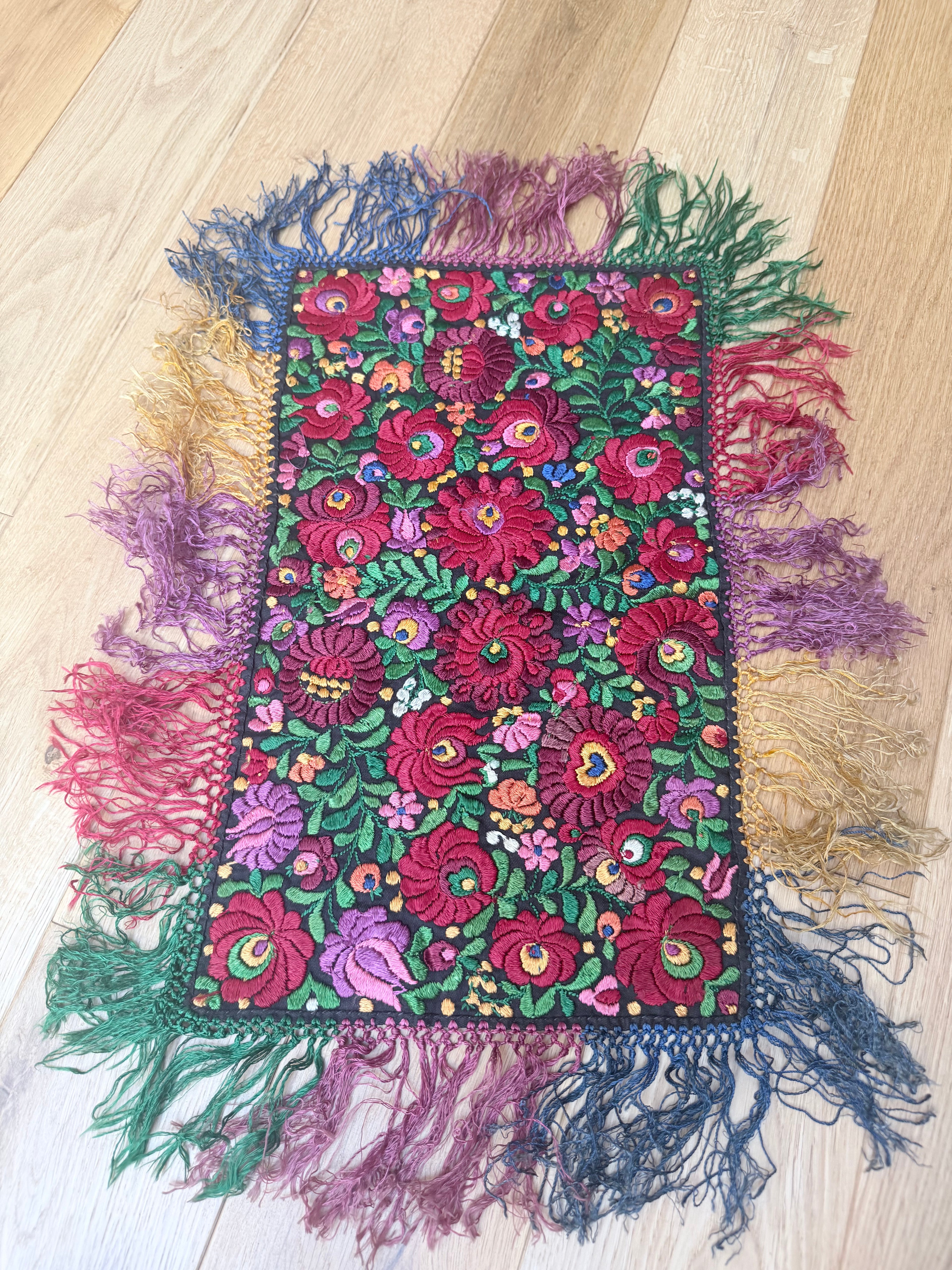 Antique Hungarian Matyó Hand Embroidered Floral Table Runner | c. 1890–1920