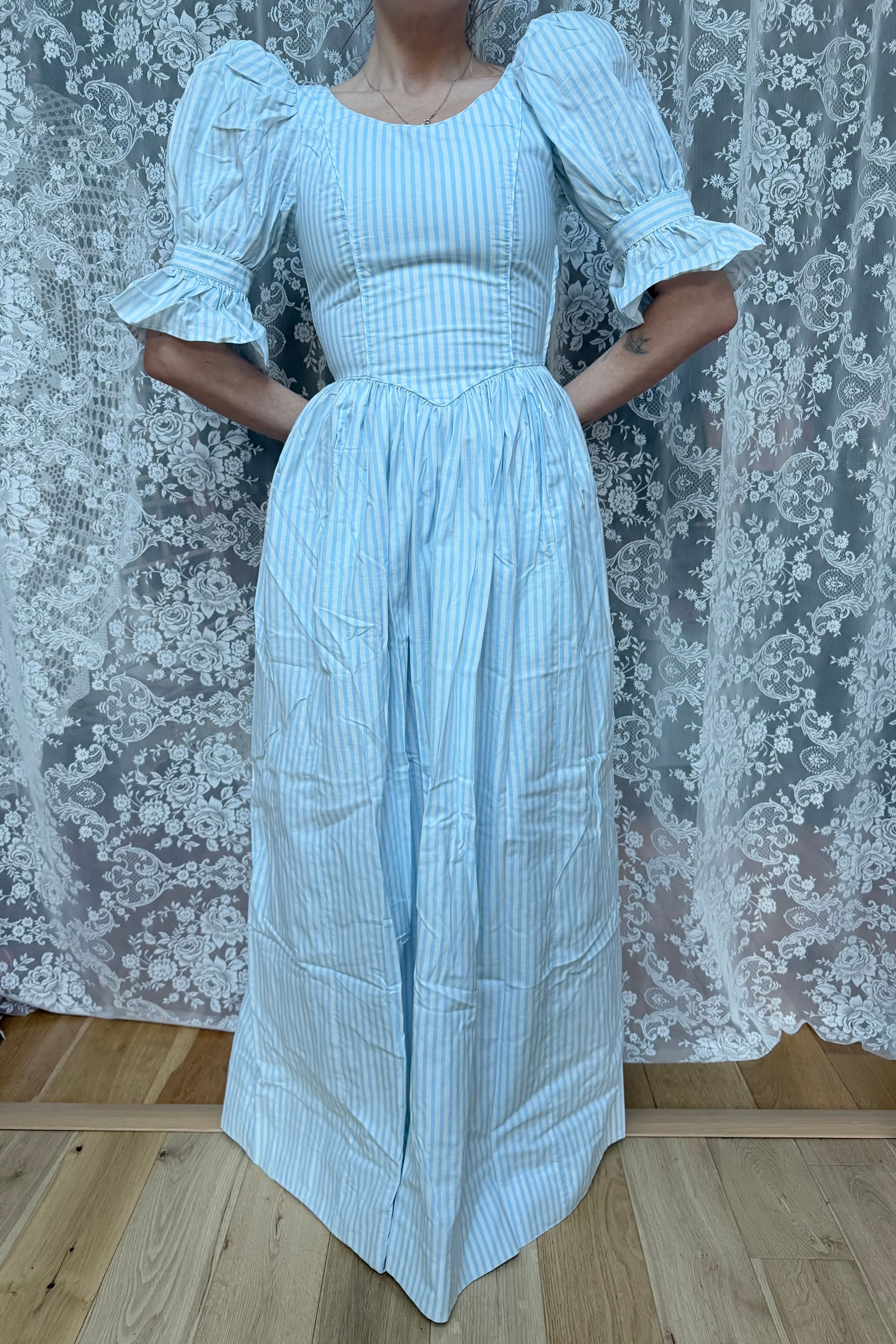 Vintage Laura Ashley Blue Candy Stripe Maxi Dress