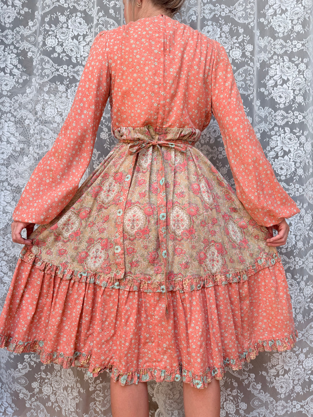 Vintage 1970s Jodie T of California Patchwork Prairie Dress in Peachy Pink