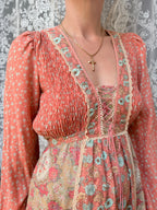 Vintage 1970s Jodie T of California Patchwork Prairie Dress in Peachy Pink