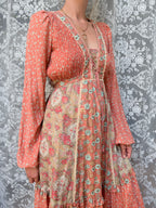 Vintage 1970s Jodie T of California Patchwork Prairie Dress in Peachy Pink