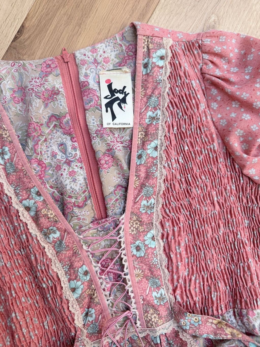 Vintage 1970s Jodie T of California Patchwork Prairie Dress in Peachy Pink