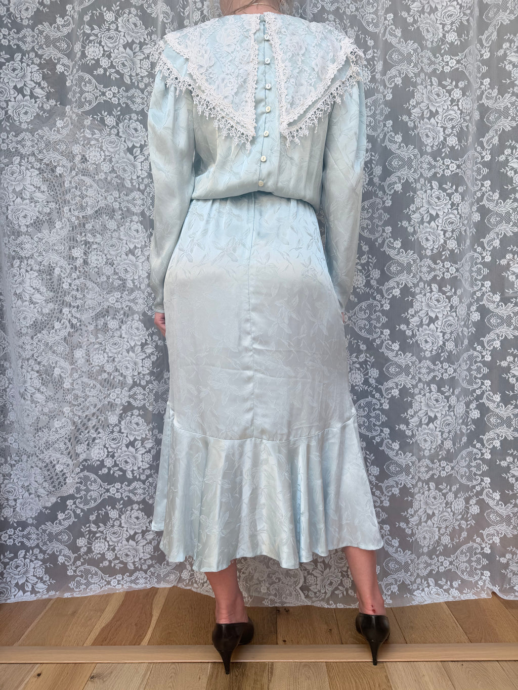 Vintage 1980s Gunne Sax Scott McClintock Turquoise Pinafore Collar Dress