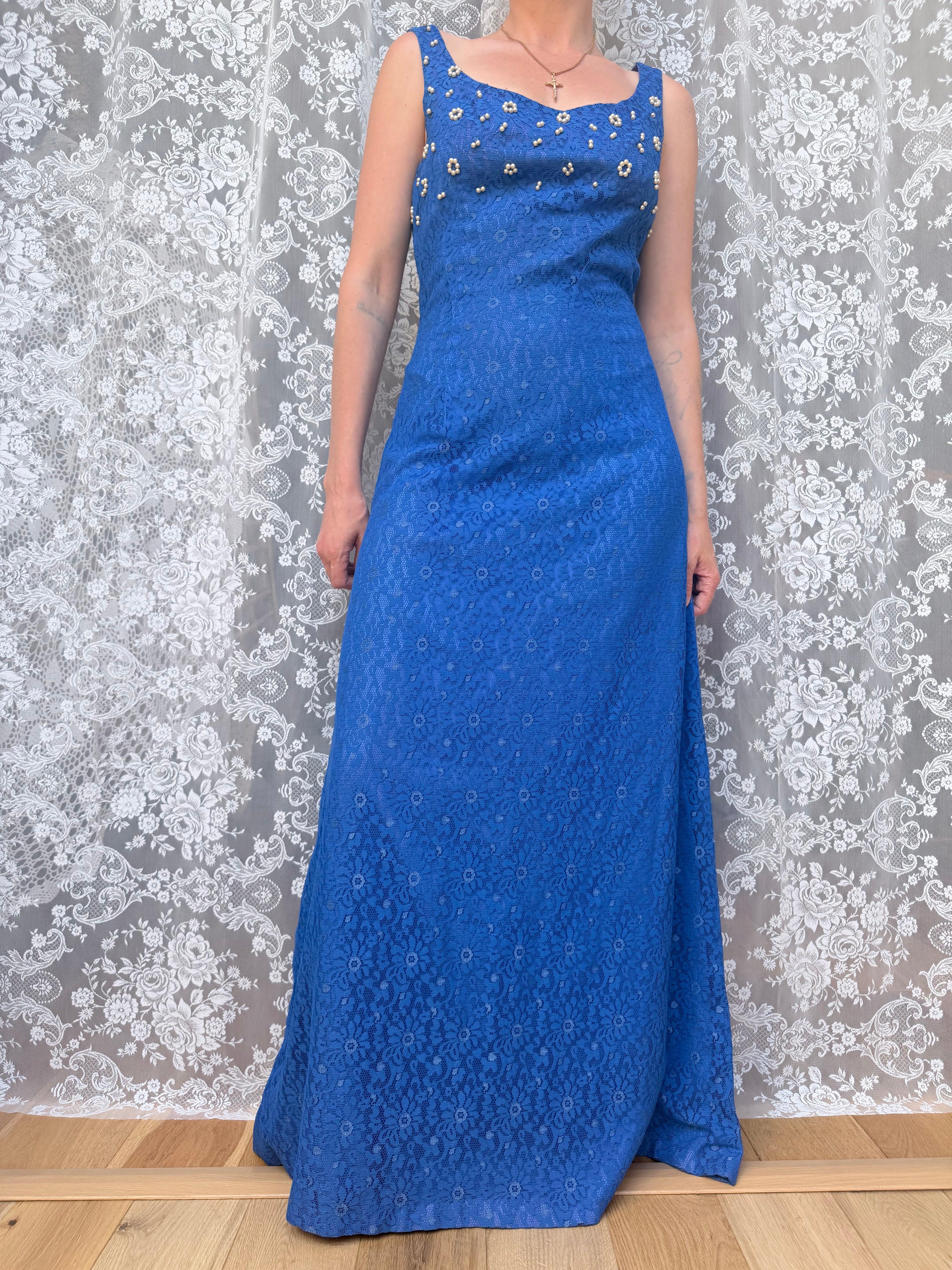Vintage 1950s Handmade Blue Lace Maxi Ball Gown | Pearlescent Beaded Bust