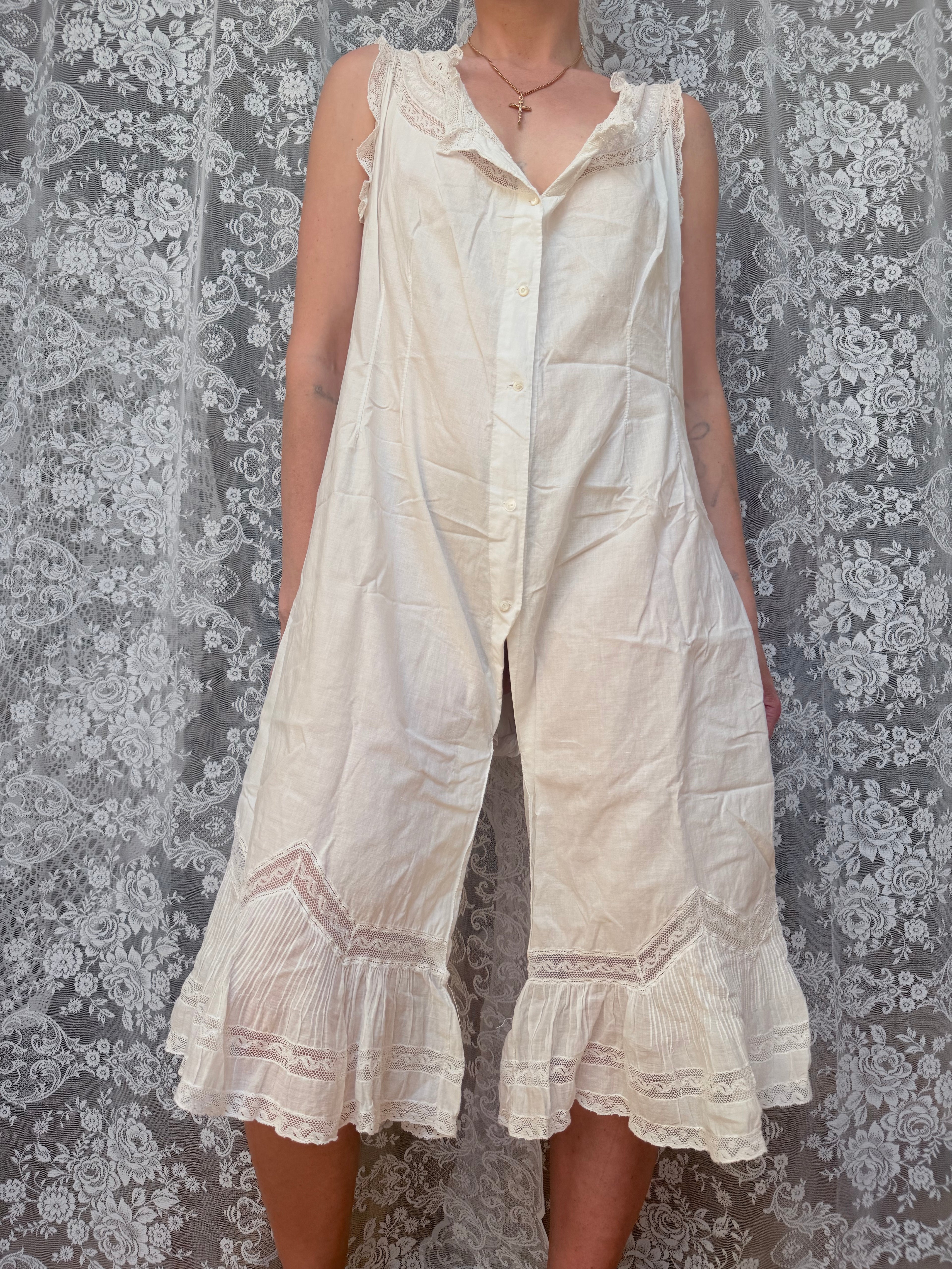 Antique 1890-1910 Victorian Cotton Lace Jumpsuit Bloomers