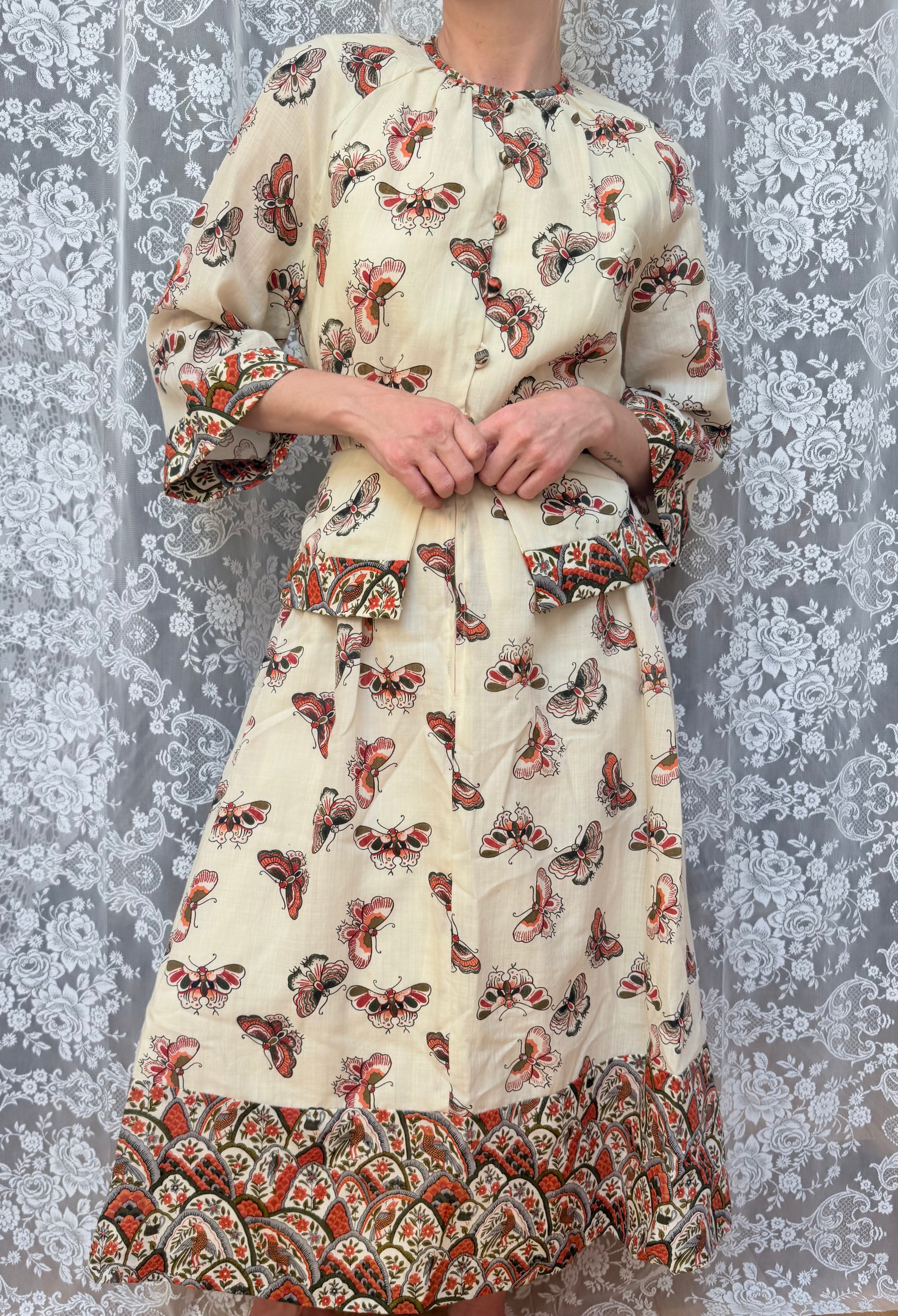 Vintage 1970s Annie Gough Butterfly Wool Peplum Midi Dress