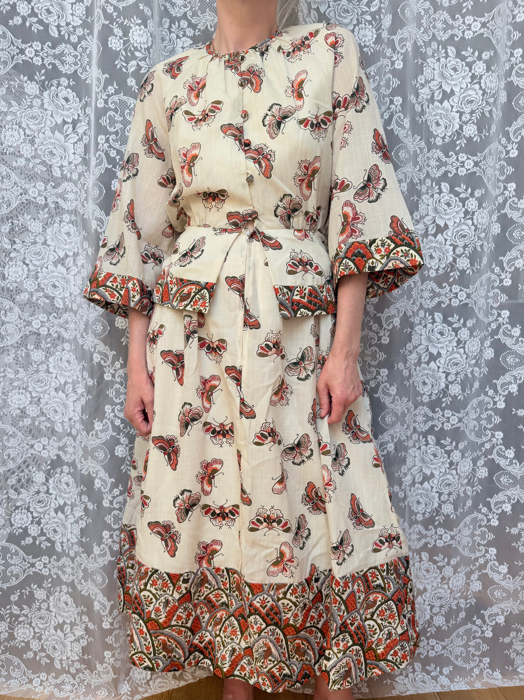 Vintage 1970s Annie Gough Butterfly Wool Peplum Midi Dress