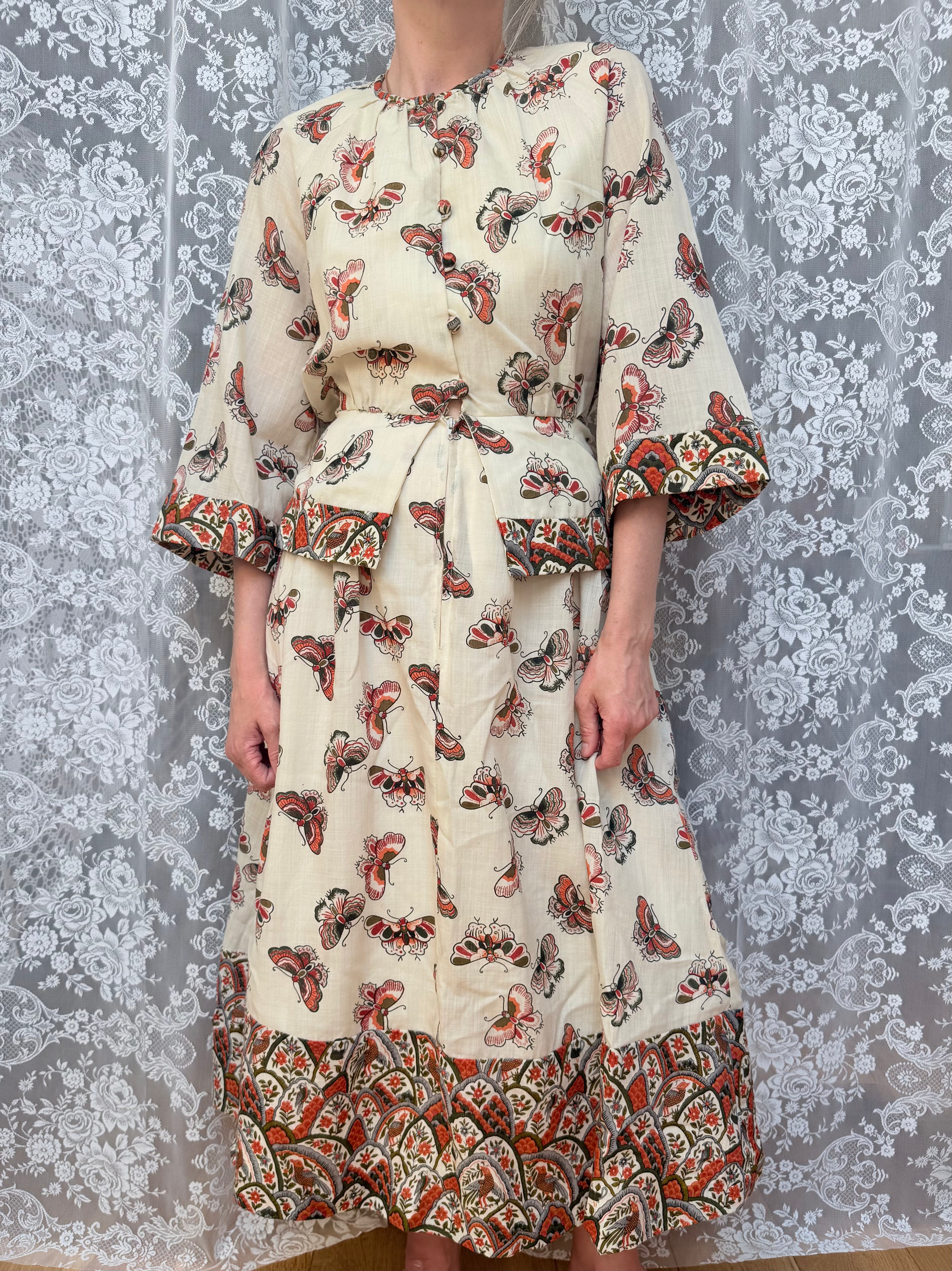Vintage 1970s Annie Gough Butterfly Wool Peplum Midi Dress