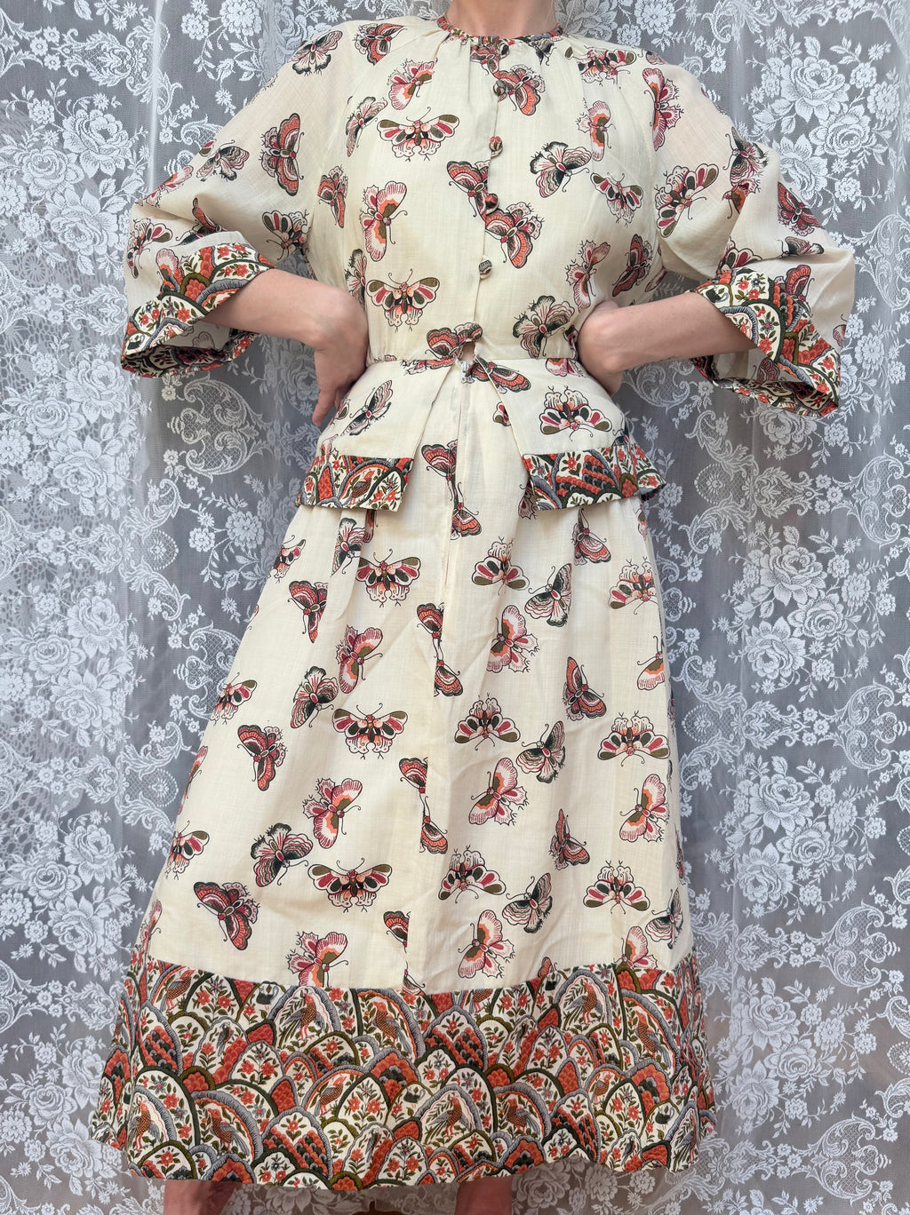 Vintage 1970s Annie Gough Butterfly Wool Peplum Midi Dress