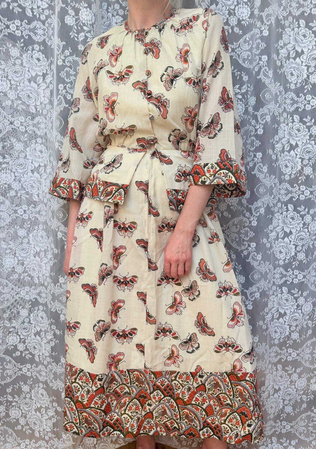 Vintage 1970s Annie Gough Butterfly Wool Peplum Midi Dress